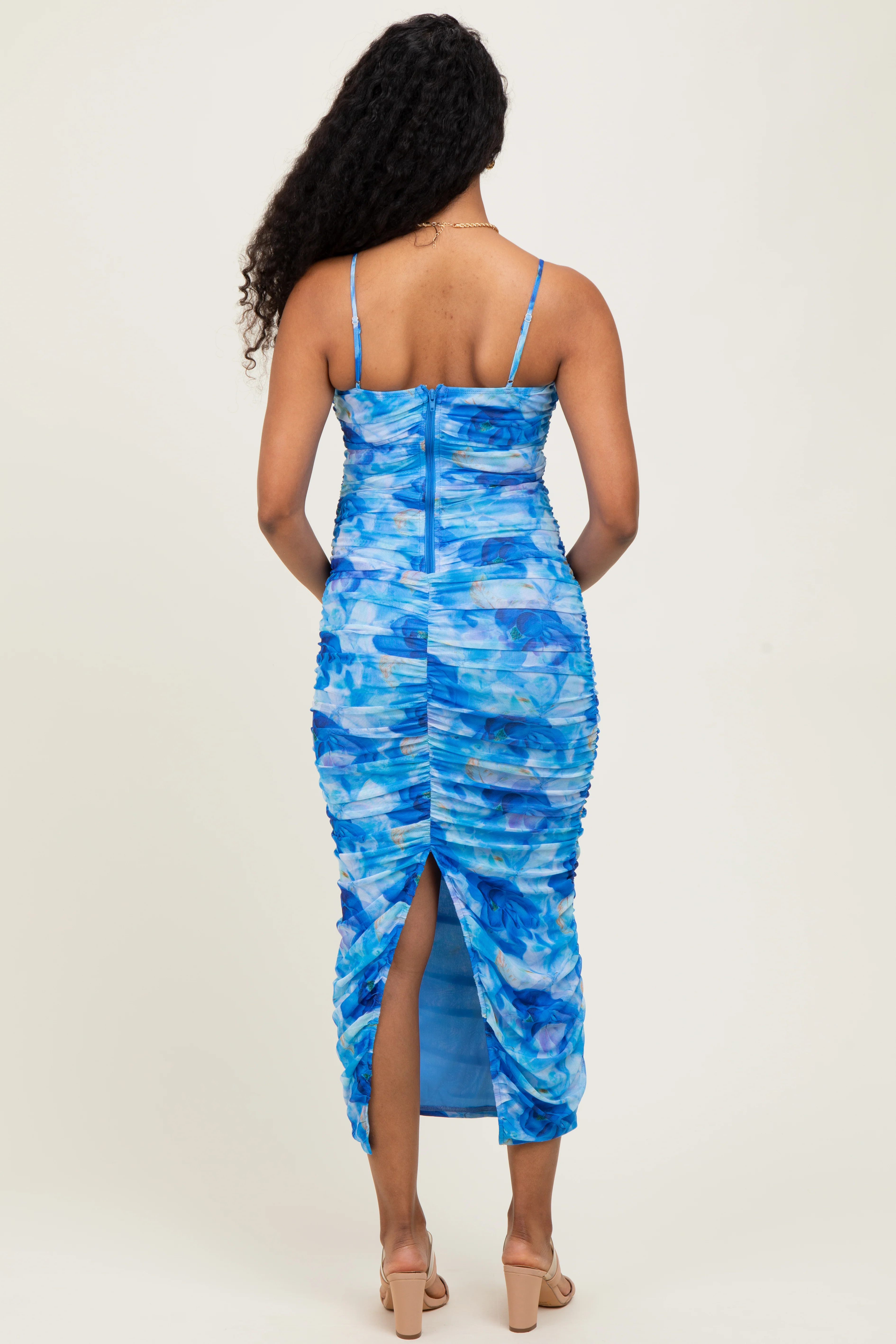 Blue Rose Floral Mesh Sleeveless Ruched Maternity Dress - Image 4