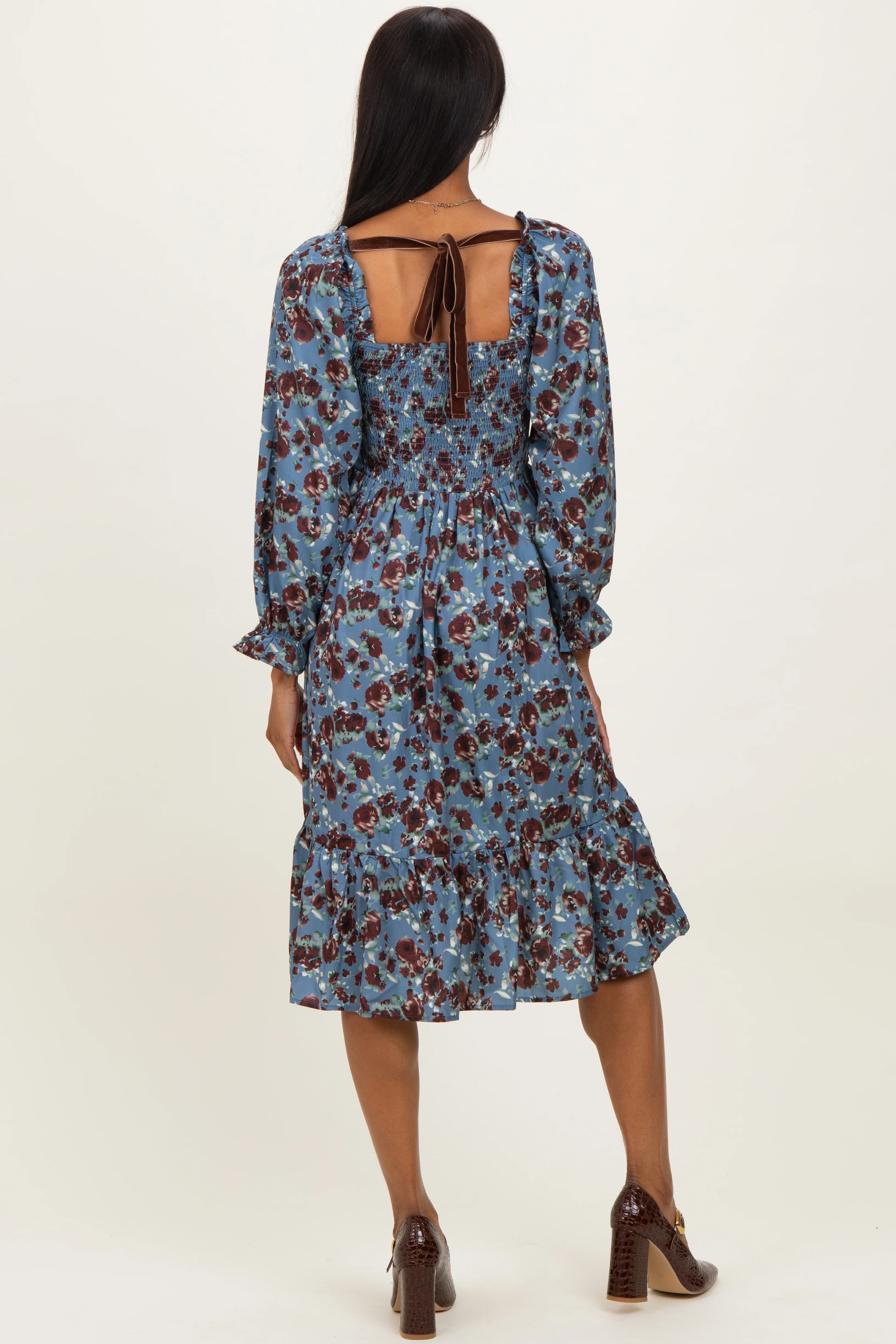 Blue Rose Smocked Velvet Bow Tie Midi Dress - Image 3