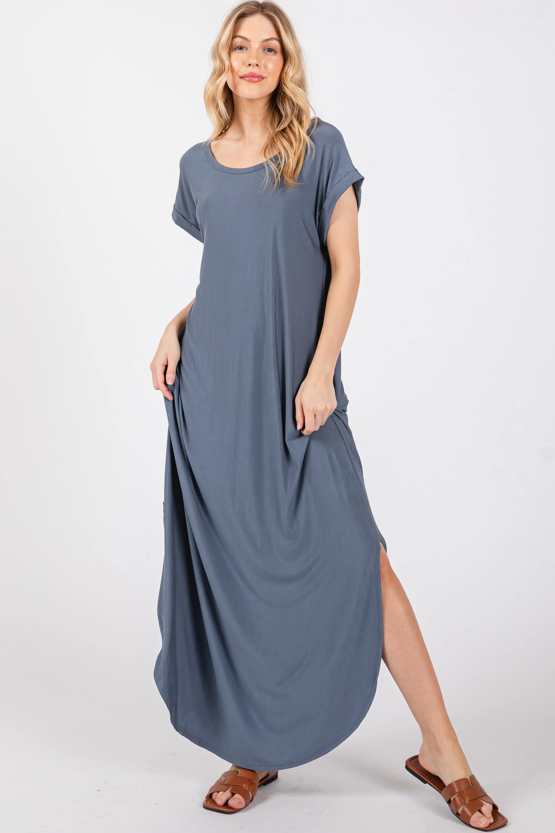 Blue Round Hem Side Slit Maternity Maxi Dress - Image 4