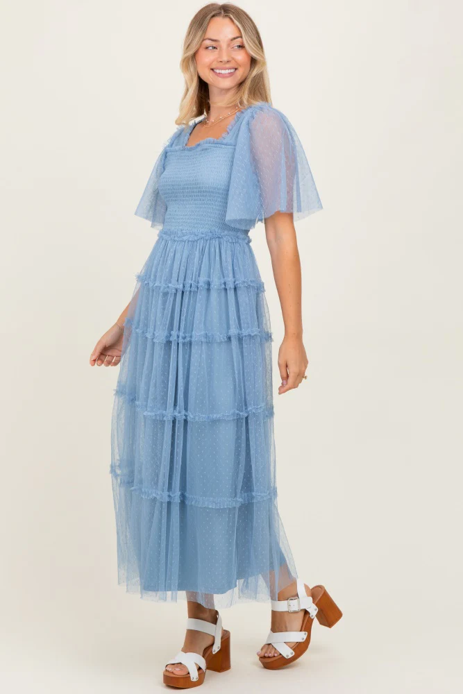 Blue Ruffled Mesh Maxi Dress - Image 3
