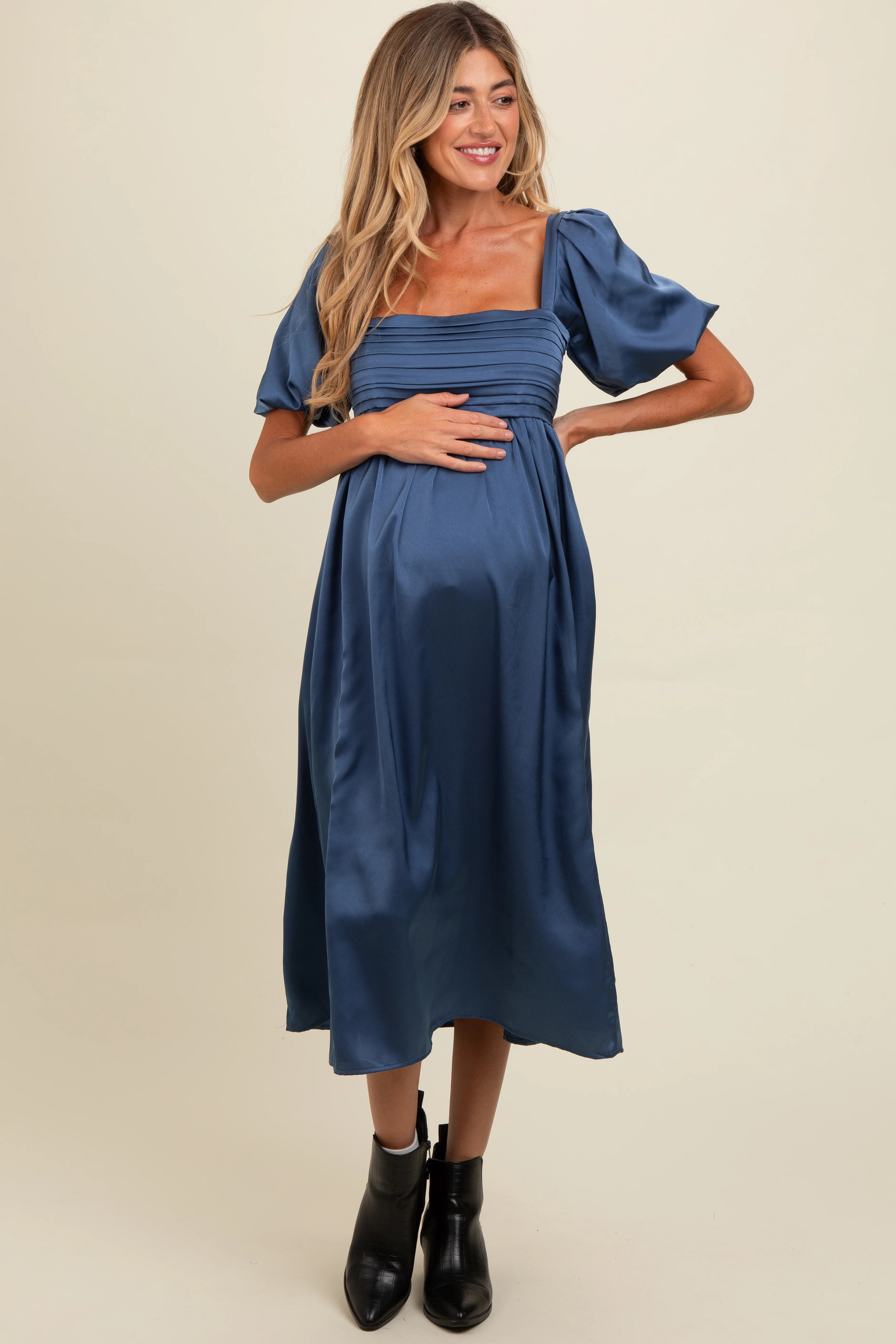Blue Satin Pleated Bodice Puff Sleeve Maternity Midi Dress - Image 2