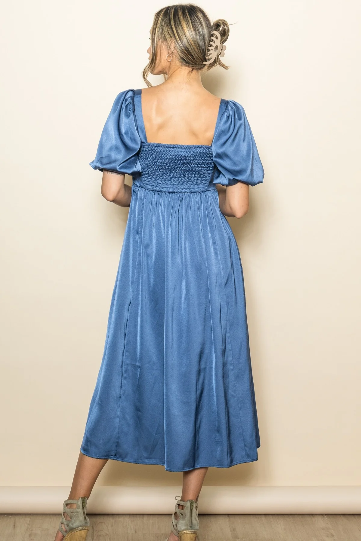 Blue Satin Pleated Bodice Puff Sleeve Midi Dress - Image 3
