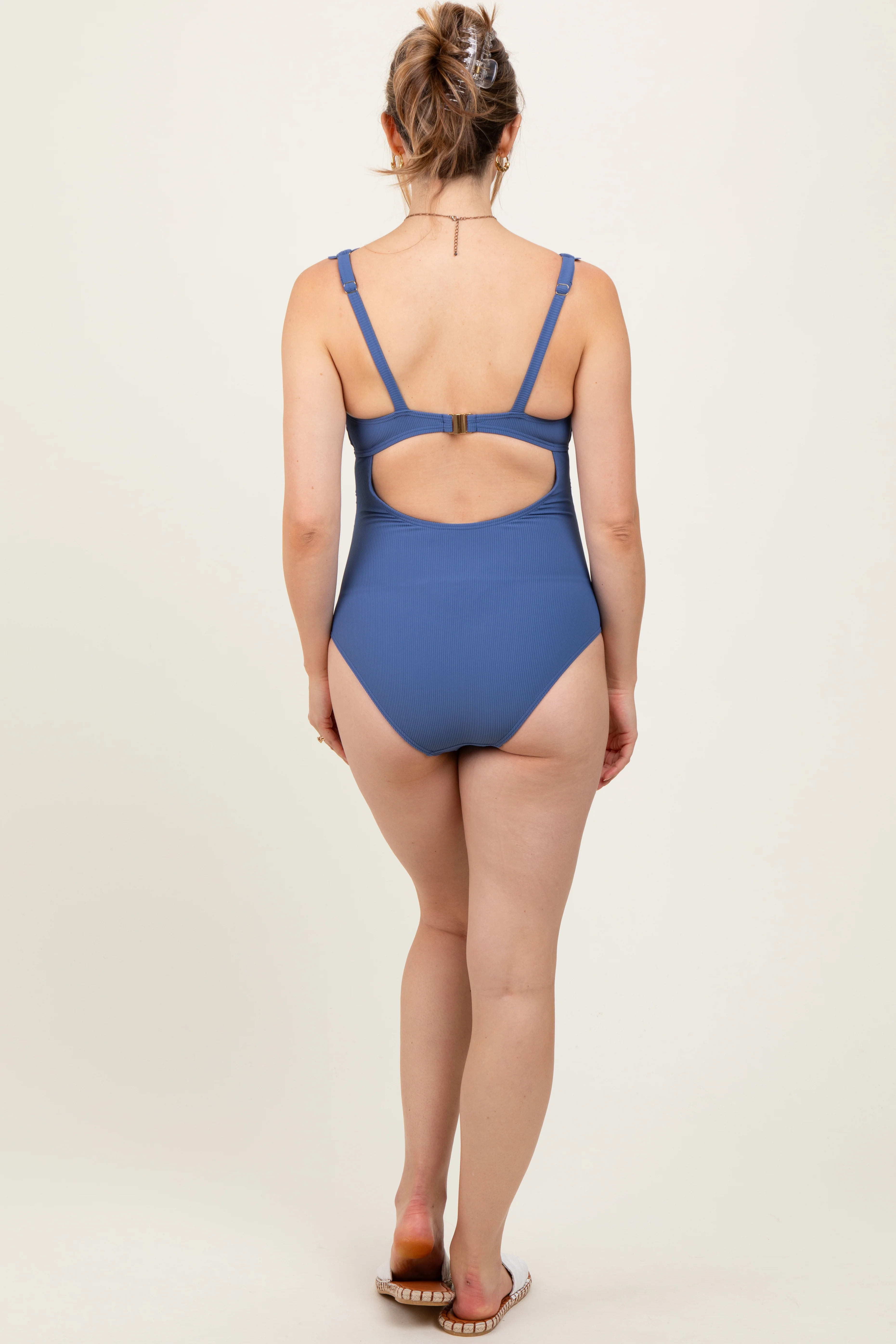 Blue Scallop Trim Maternity One Piece Swimsuit - Image 4