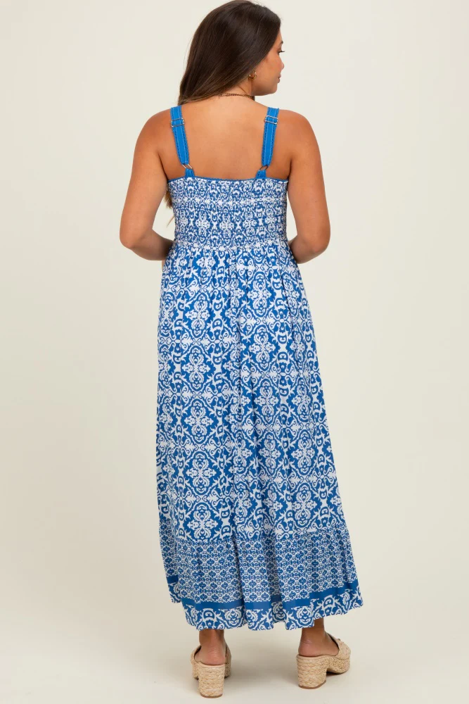 Blue Sleeveless Border Print Maternity Maxi Dress - Image 4