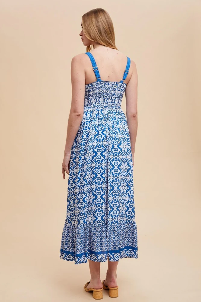 Blue Sleeveless Border Print Maxi Dress - Image 5