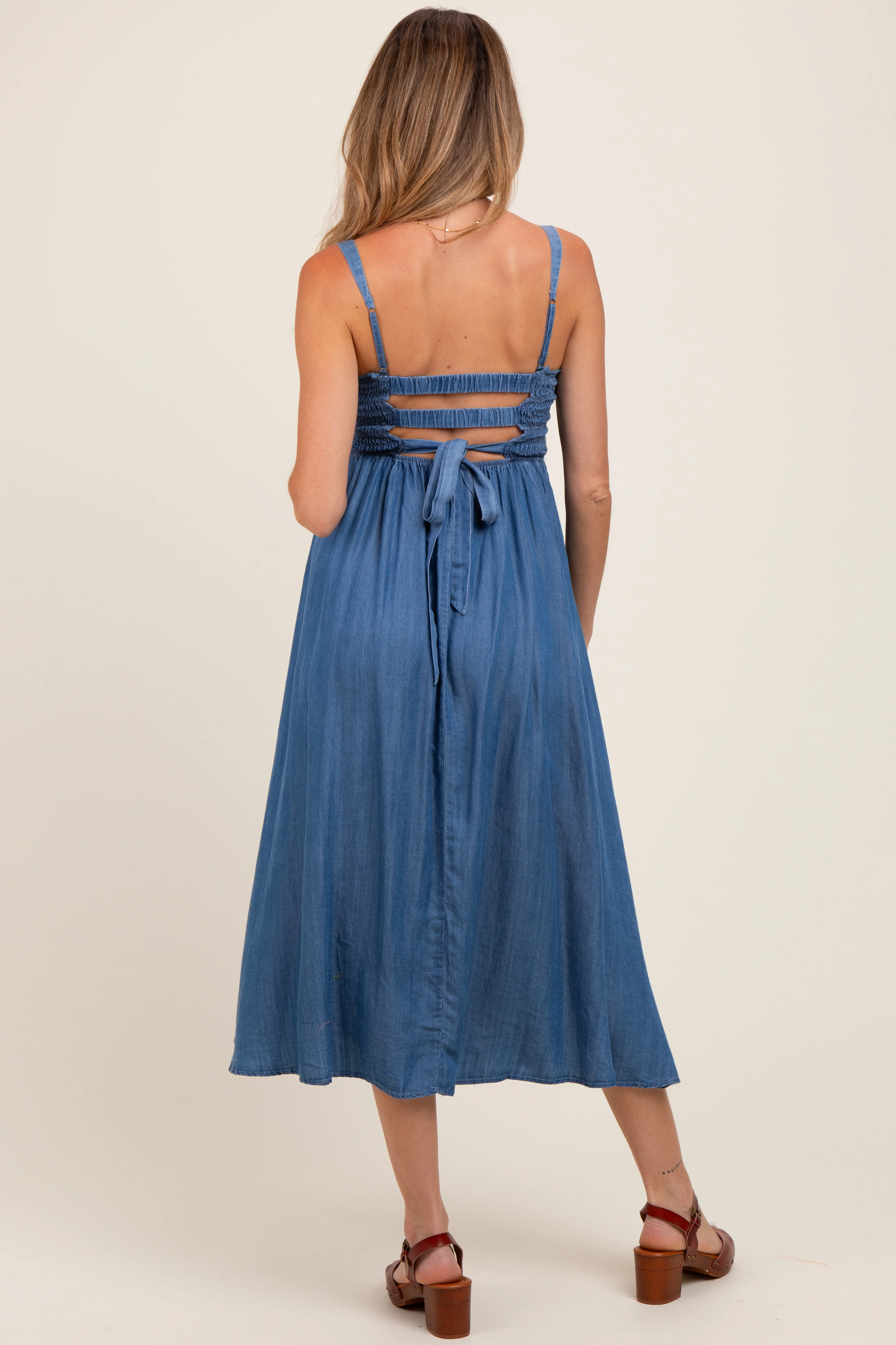 Blue Smocked Chambray Tie Back Cutout Maternity Midi Dress - Image 3