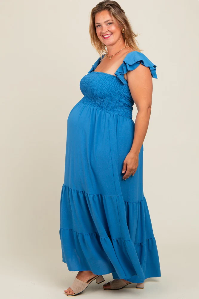 Blue Smocked Ruffle Layered Short Sleeve Tiered Maternity Maxi Dress - Image 4