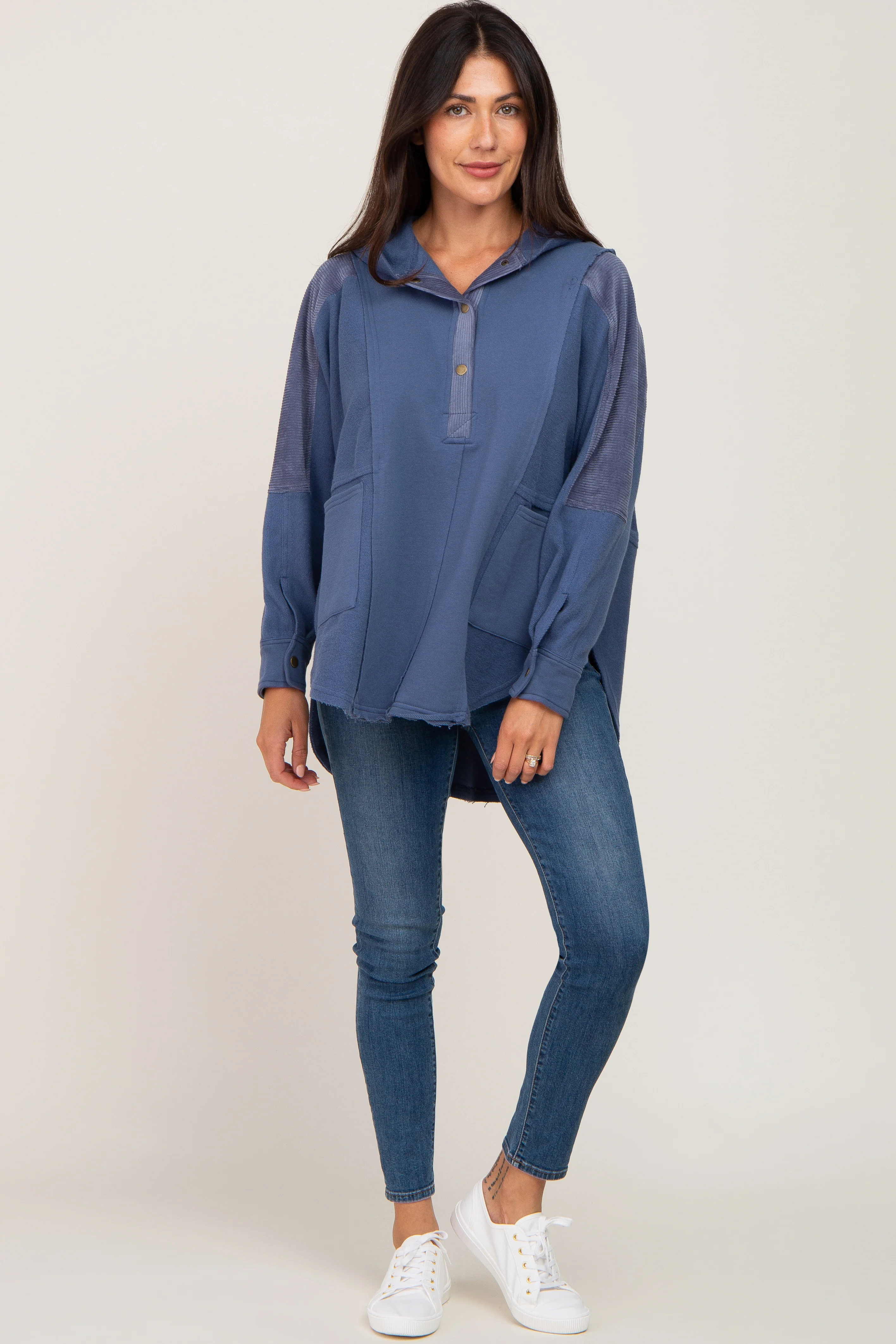 Blue Soft Mixed Knit Button Front Hooded Top - Image 4