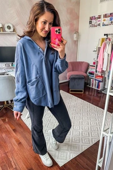 Blue Soft Mixed Knit Button Front Hooded Top - Image 6
