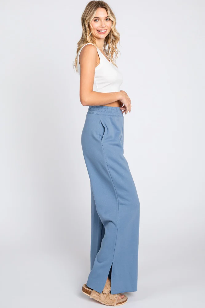 Blue Soft Wide Leg Side Slit Sweatpants - Image 2