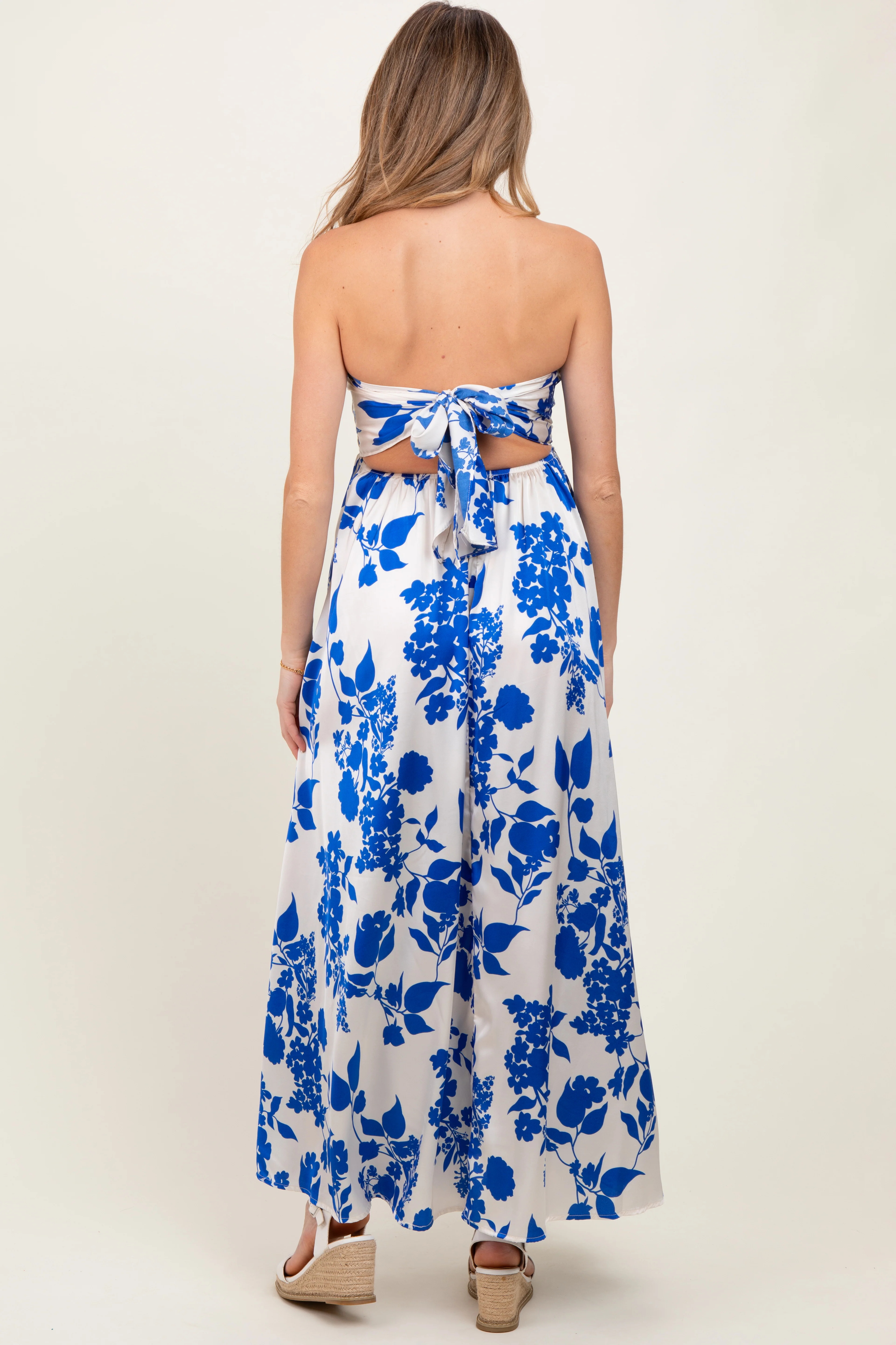 Blue Strapless Back Tie Maternity Maxi Dress - Image 4