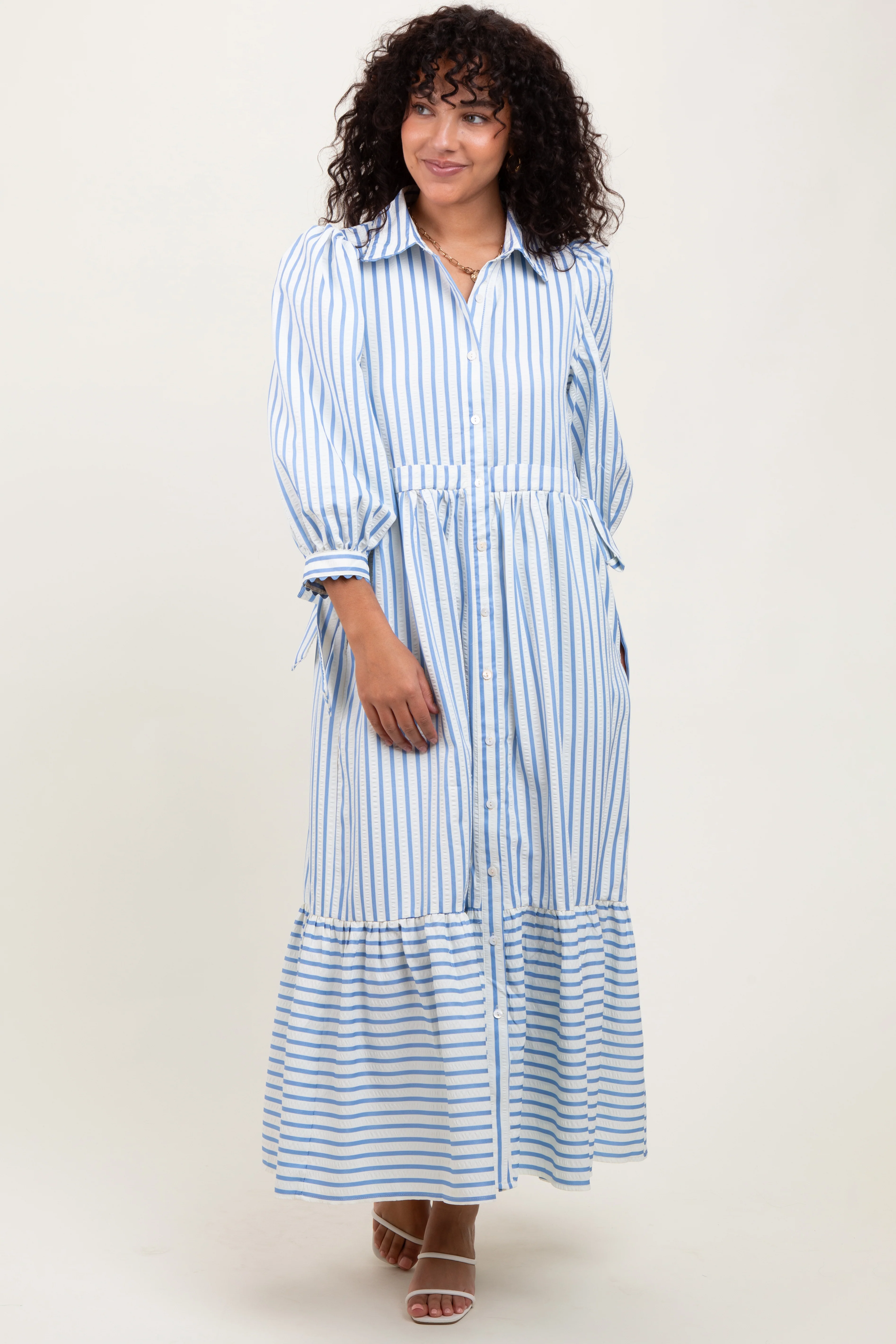 Blue Striped Collar Maternity Maxi Dress - Image 4