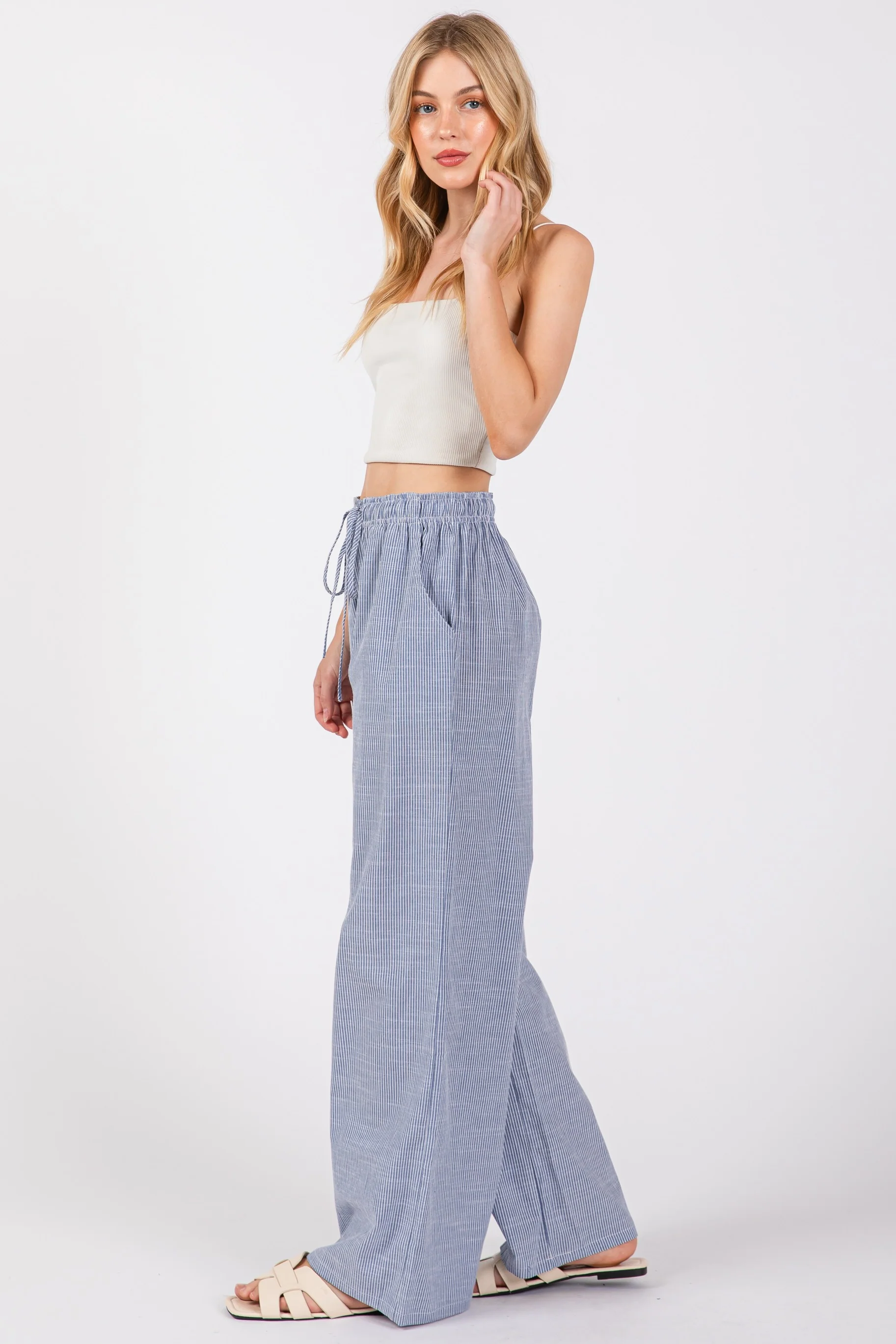 Blue Striped Drawstring Wide Leg Pants - Image 3