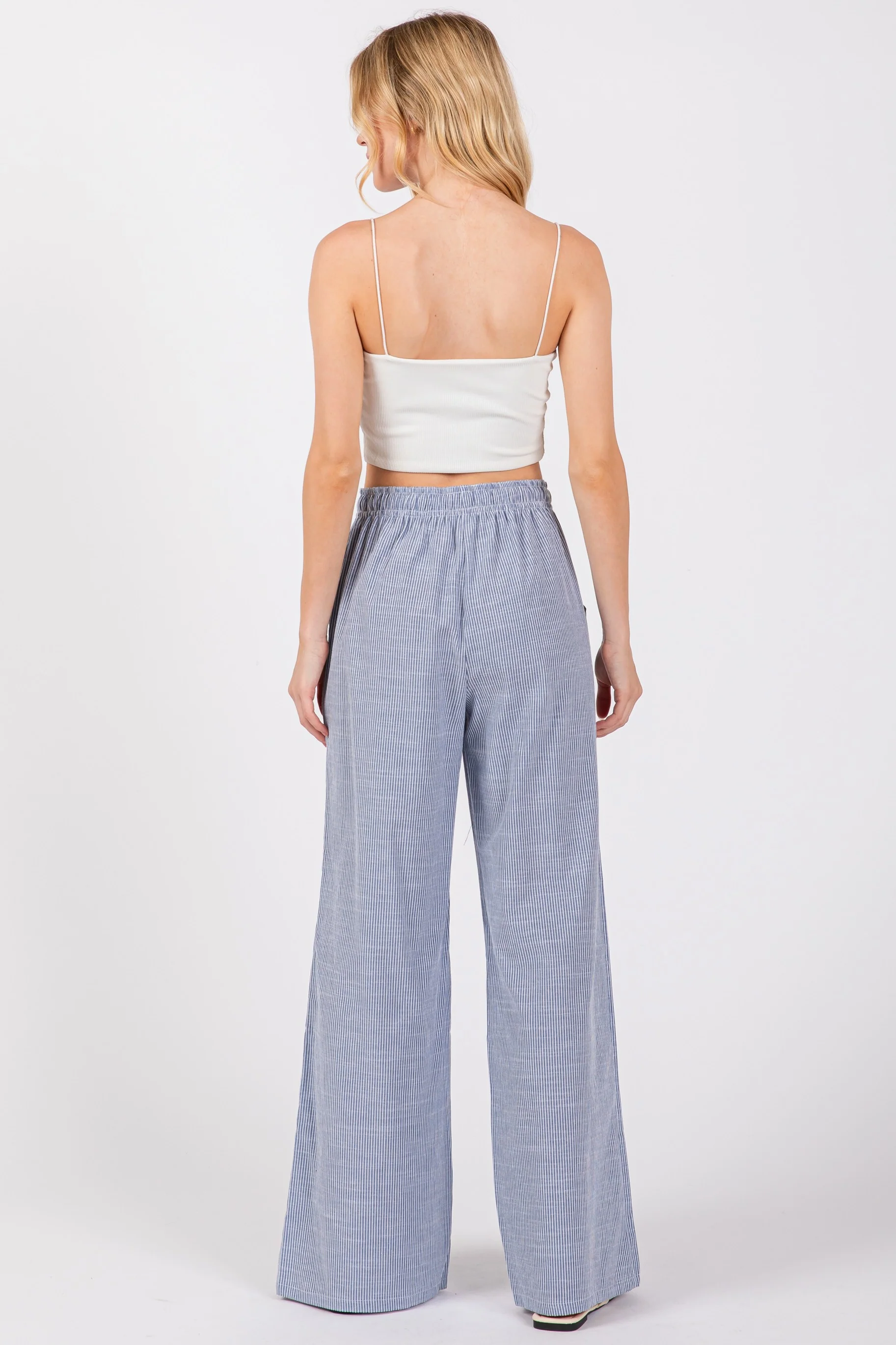Blue Striped Drawstring Wide Leg Pants - Image 4