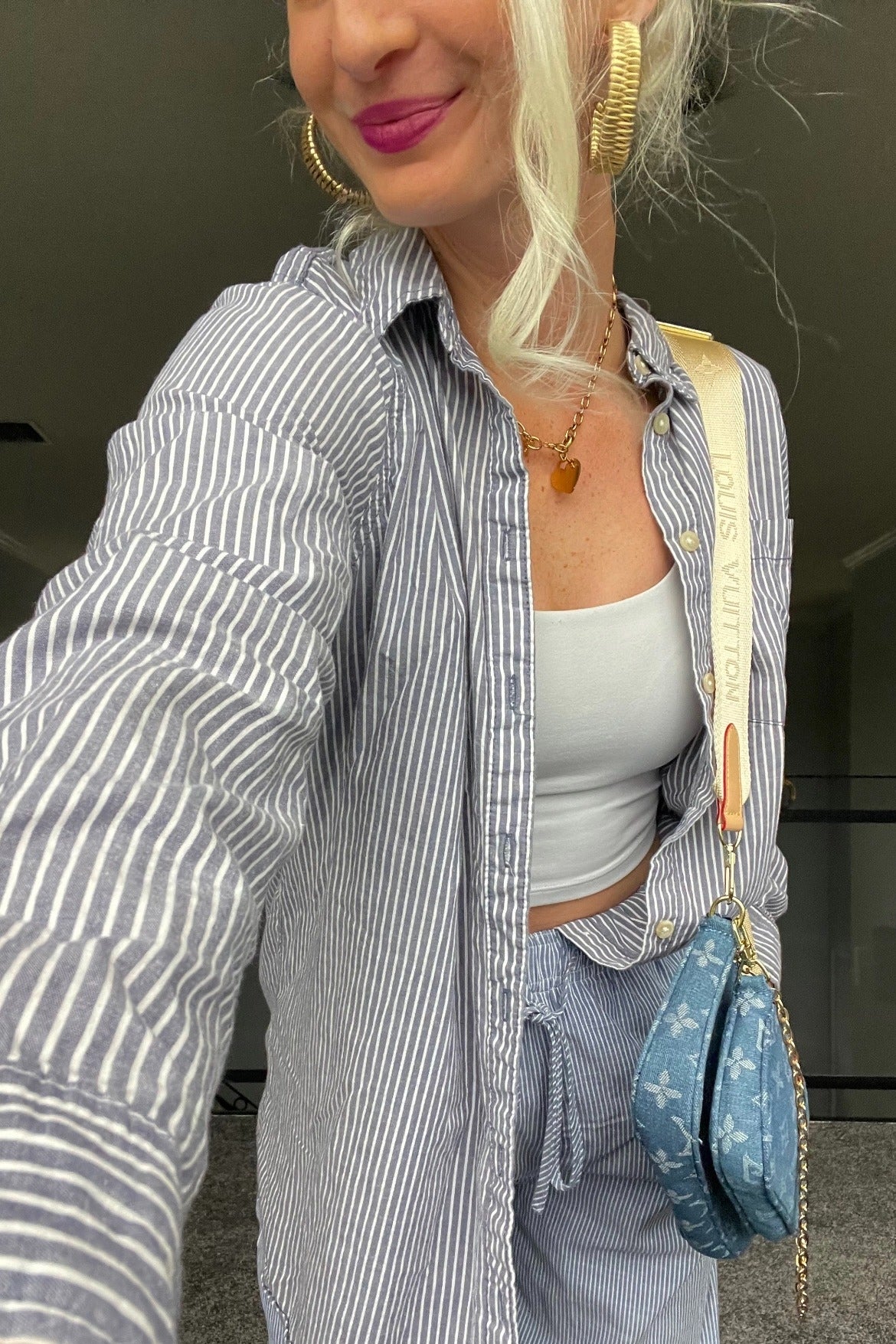Blue Striped Drawstring Wide Leg Pants - Image 6