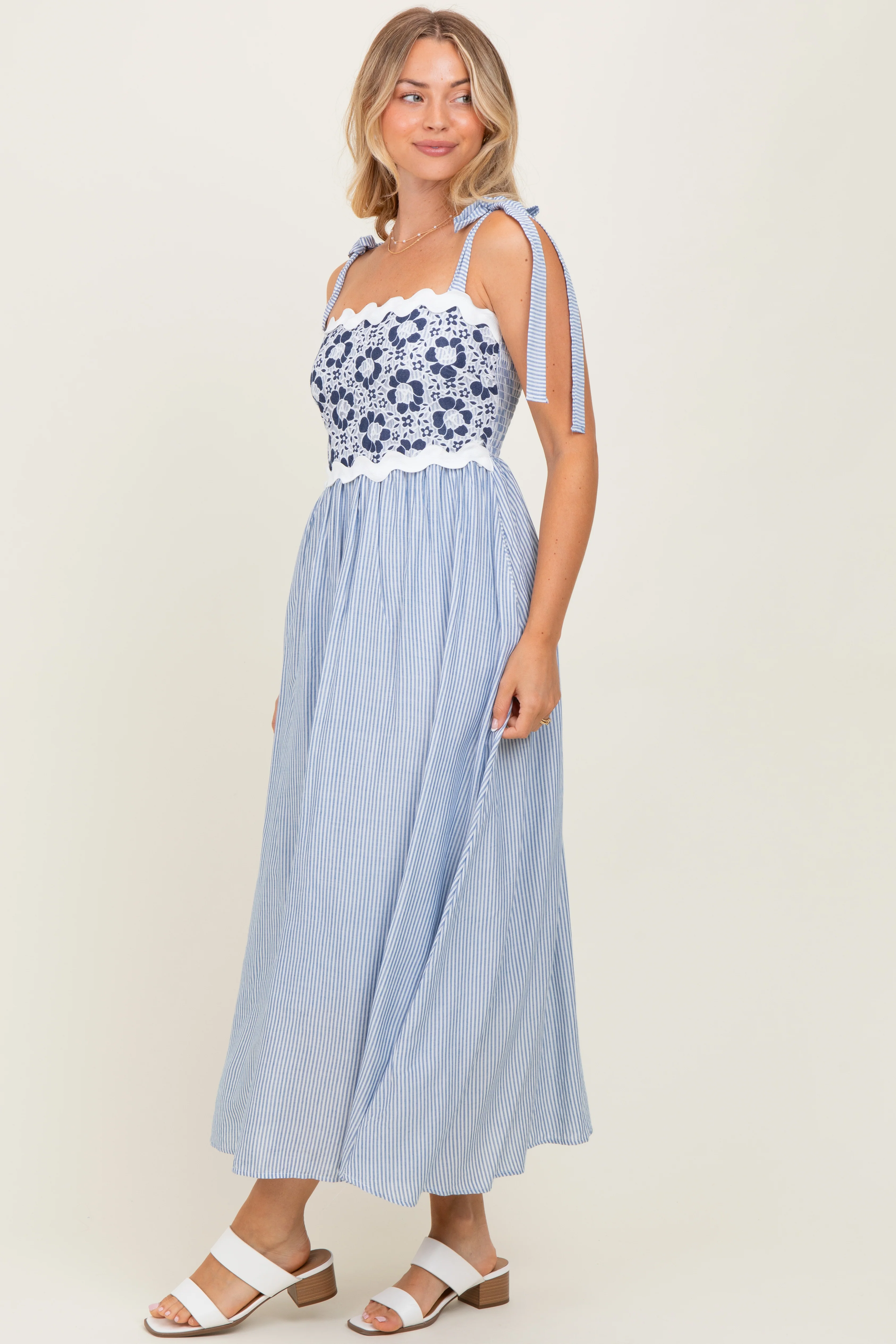 Blue Striped Floral Lace Sleeveless Midi Dress - Image 3