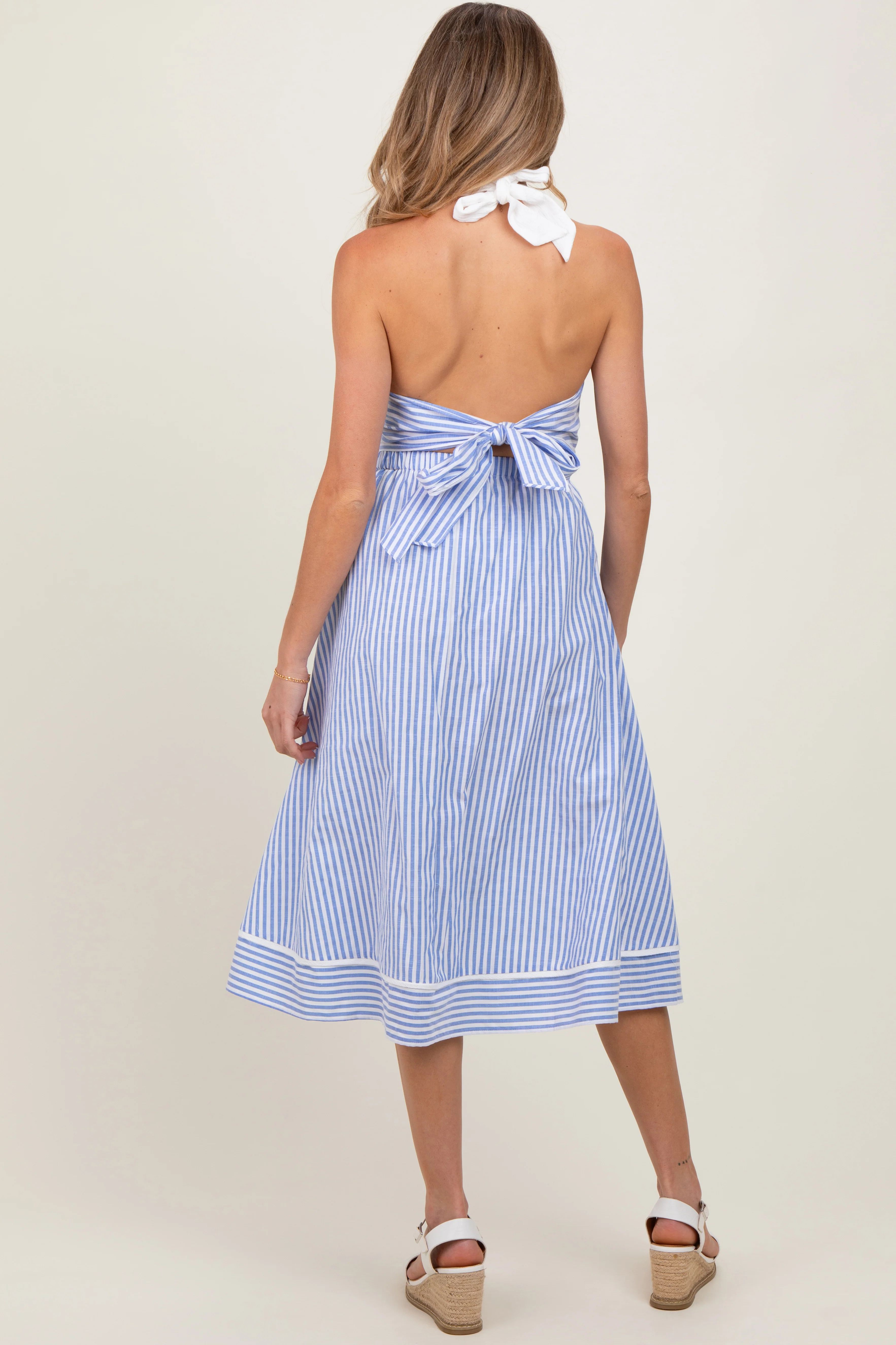 Blue Striped Halter Maternity Tie Back Cutout Maternity Midi Dress - Image 4