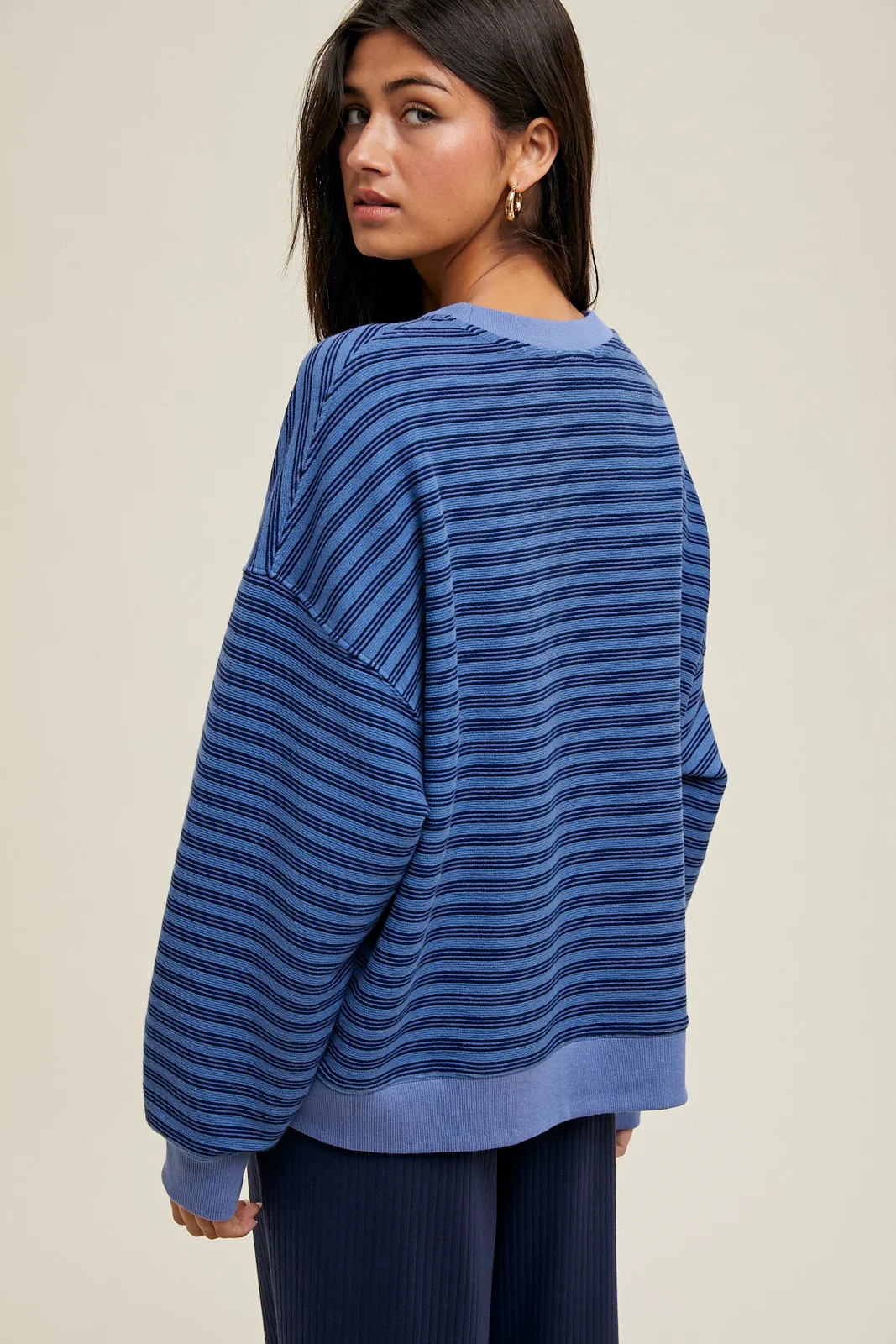 Blue Striped Knit Relaxed Fit Pullover - Image 3