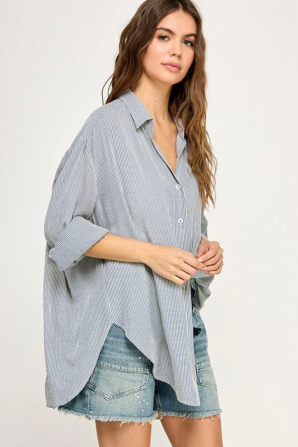 Blue Striped Oversized Button Down Shirt - Image 5
