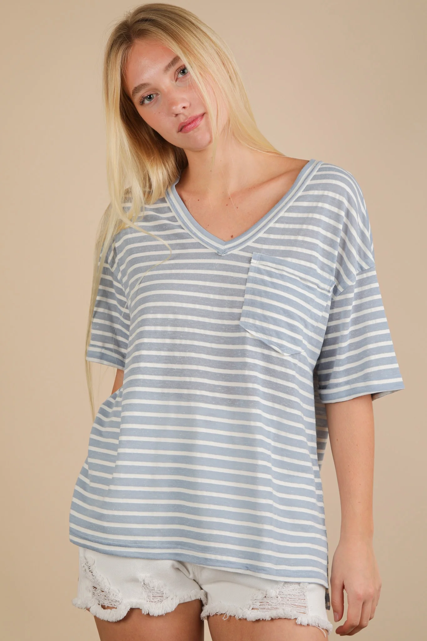 Blue Striped Oversized V-Neck Front Pocket Maternity T-Shirt - Image 3