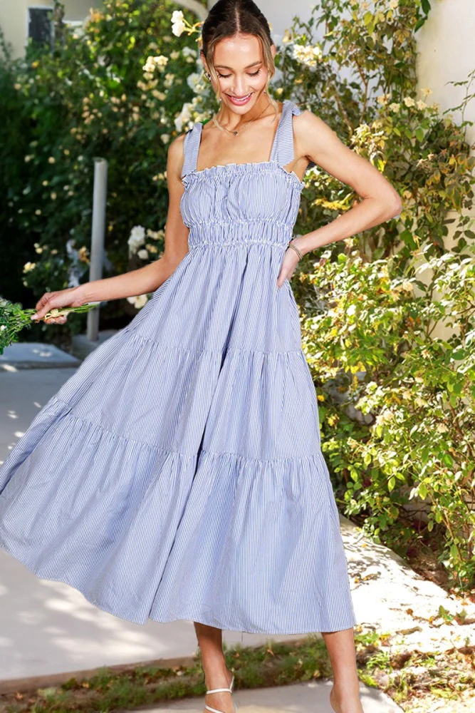 Blue Striped Shoulder Tie Ruffle Accent Tiered Maternity Maxi Dress - Image 4