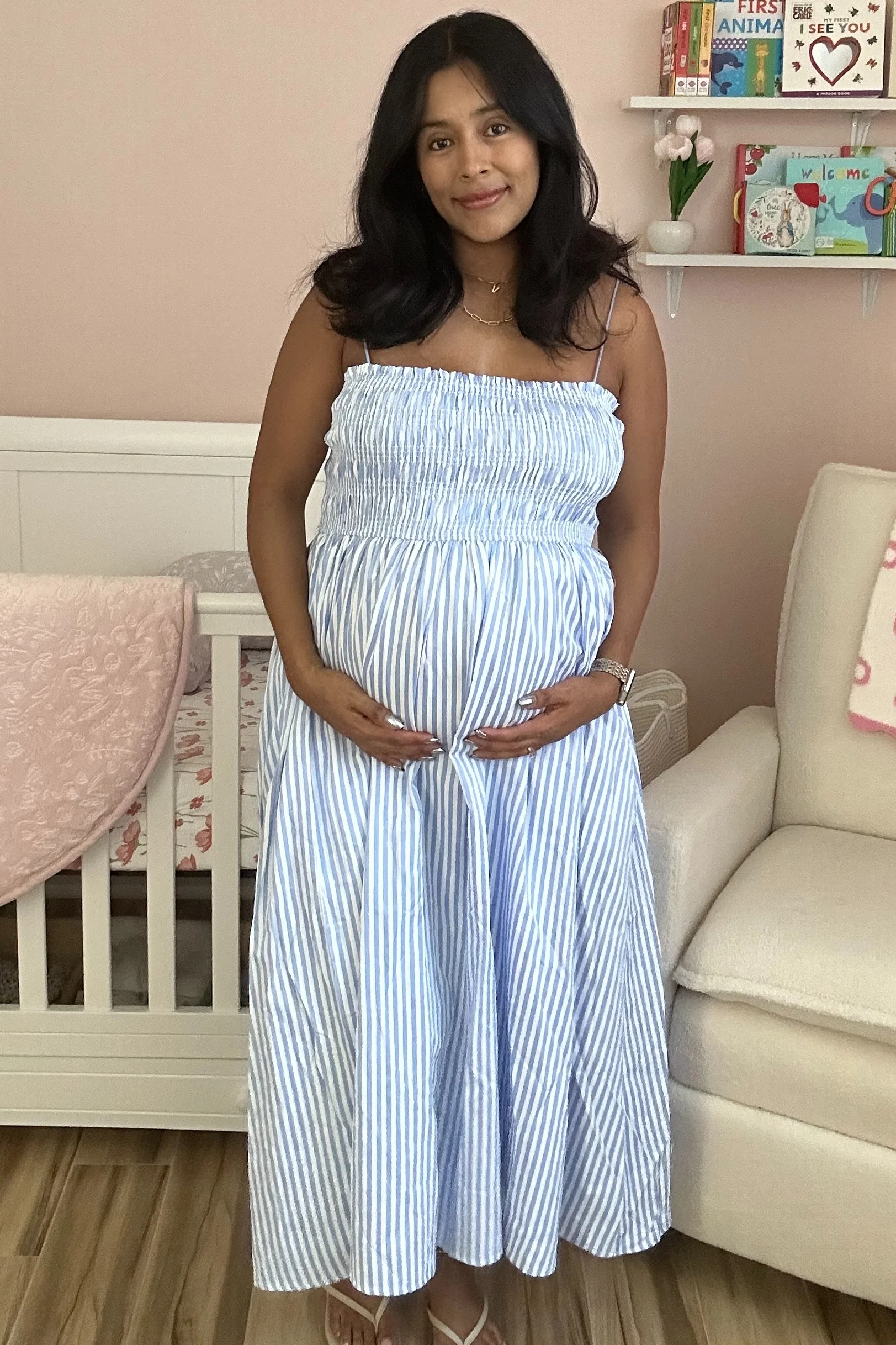 Blue Striped Smocked Maternity Midi Dress - Image 4