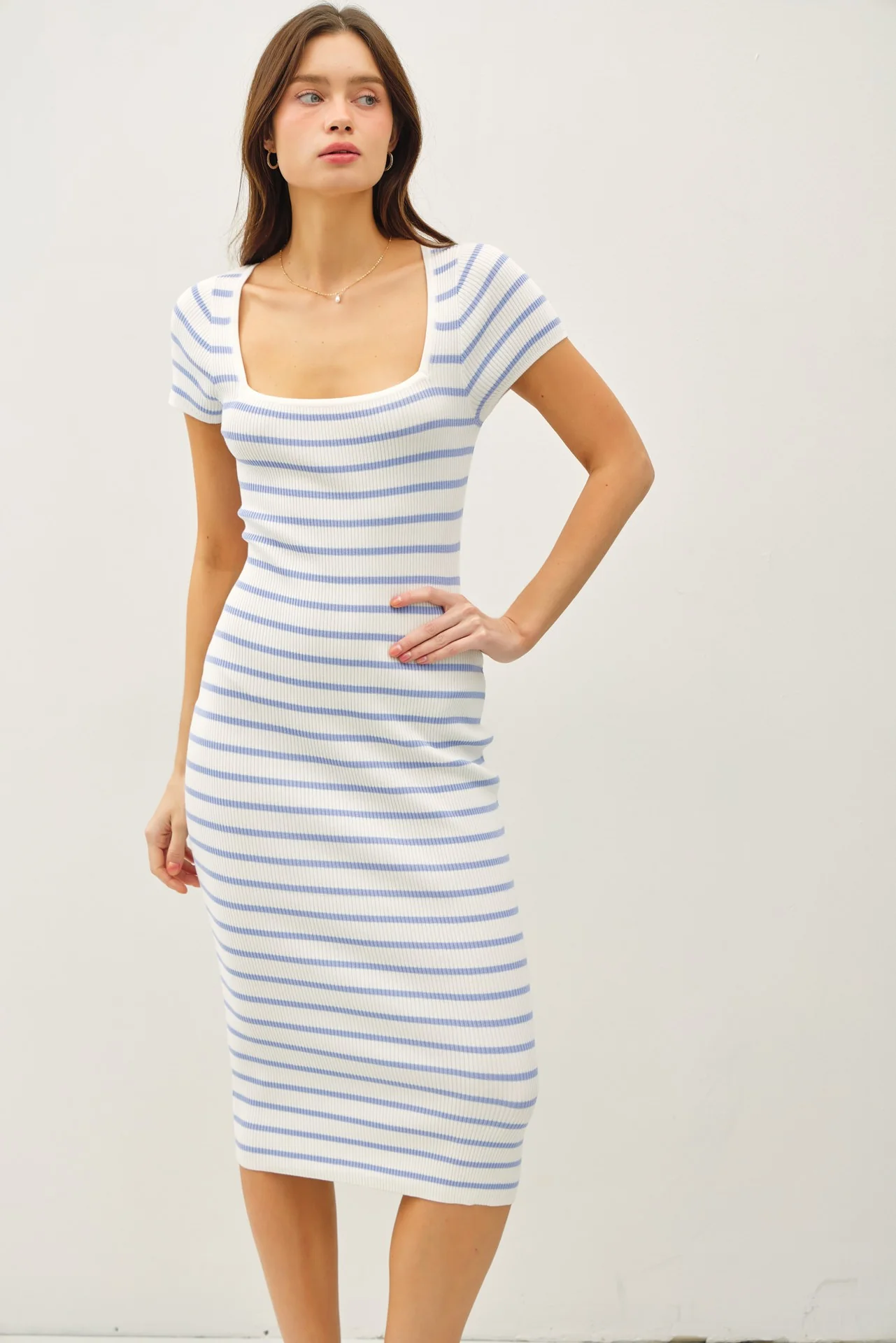Blue Striped Square Neck Short Sleeve Midi Dress - Image 4