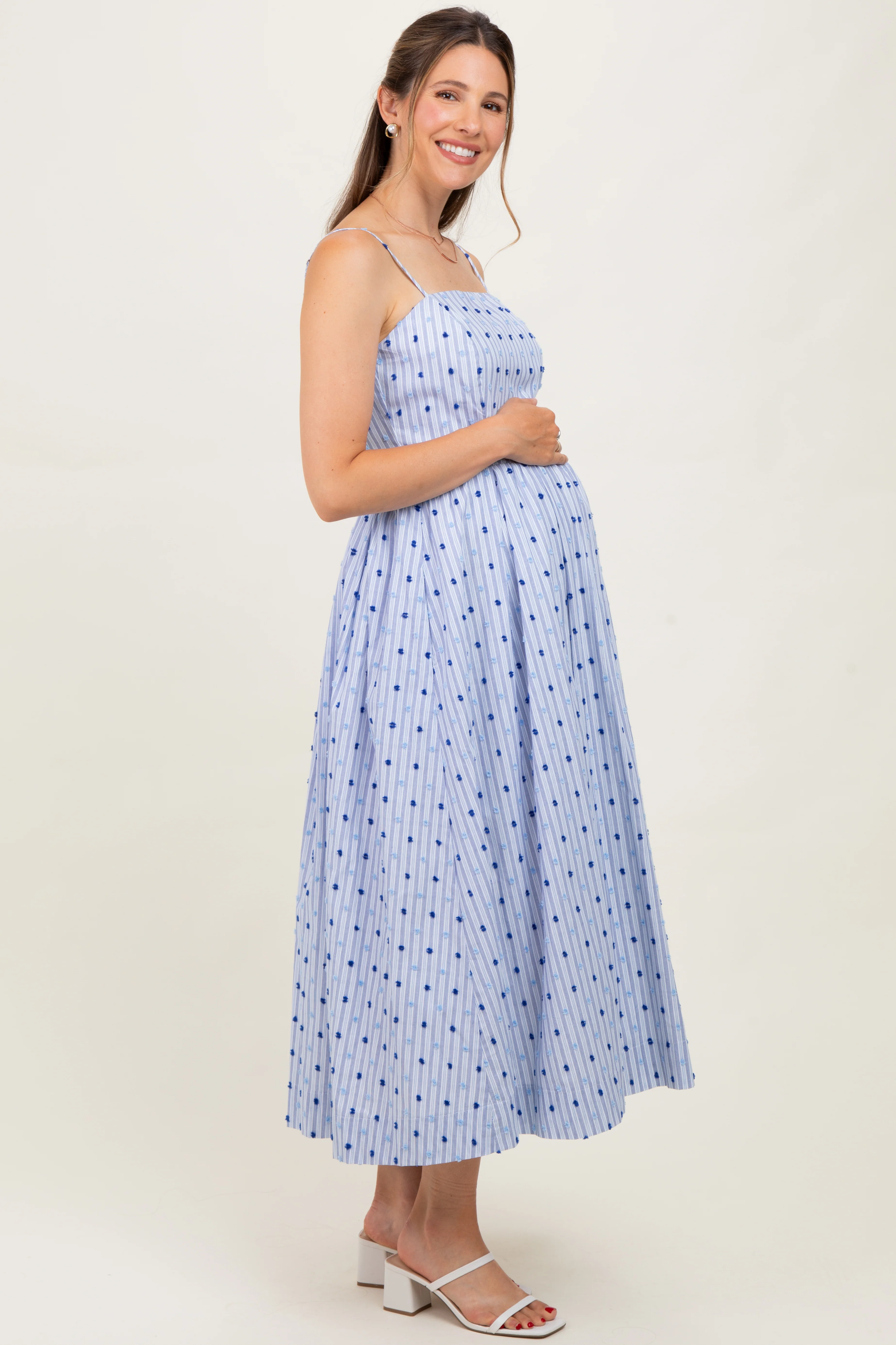 Blue Striped Swiss Dot Sleeveless Maternity Midi Dress - Image 3