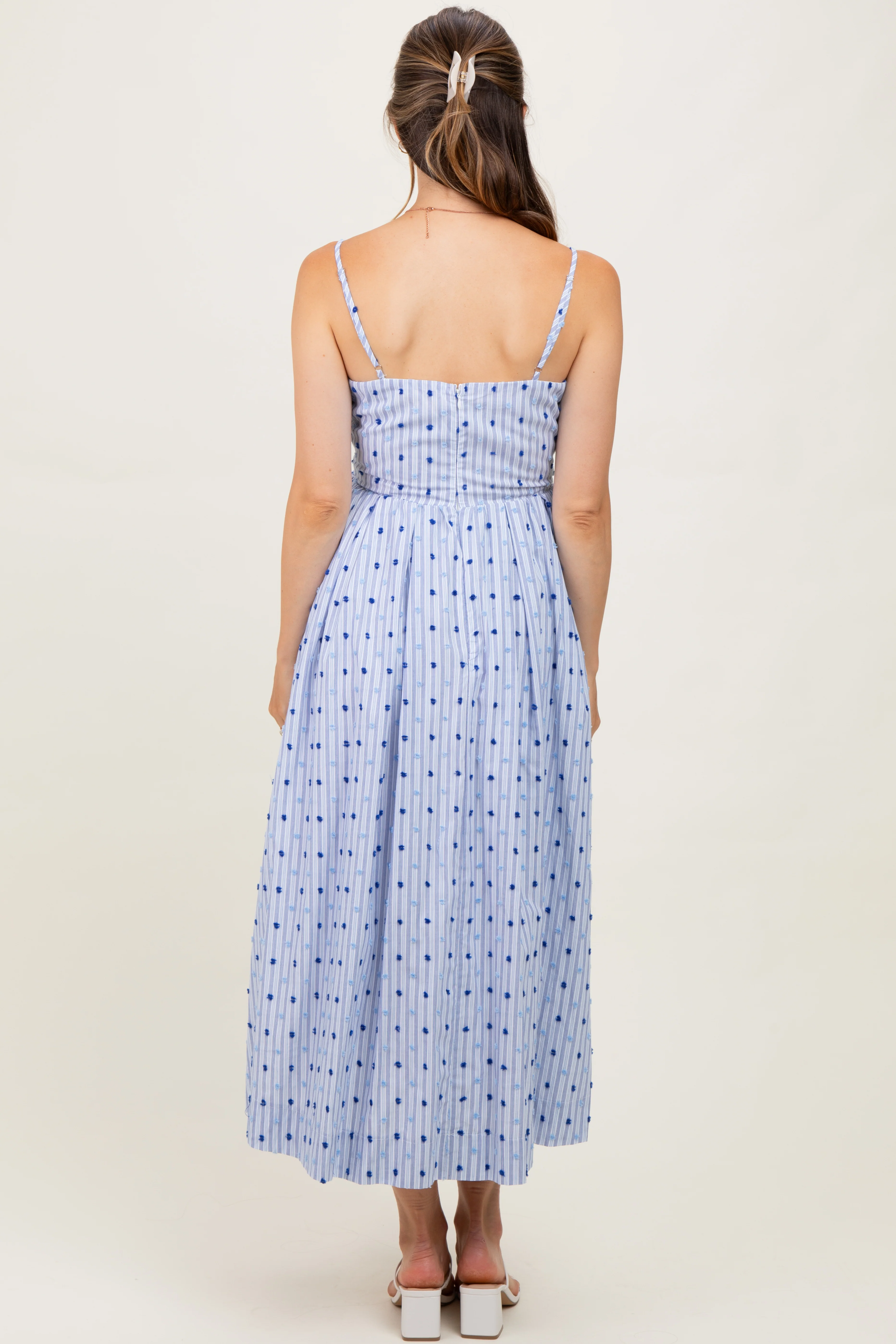Blue Striped Swiss Dot Sleeveless Maternity Midi Dress - Image 4