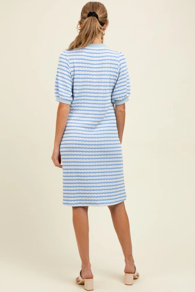 Blue Striped Textured Knit Button Up Maternity Dress - Image 3