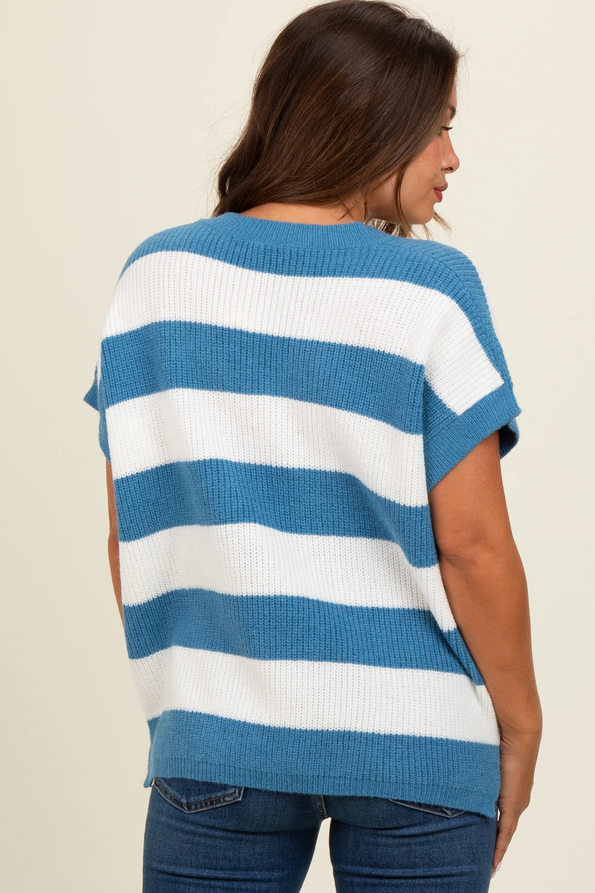 Blue Striped V-Neck Maternity Sweater Top - Image 3