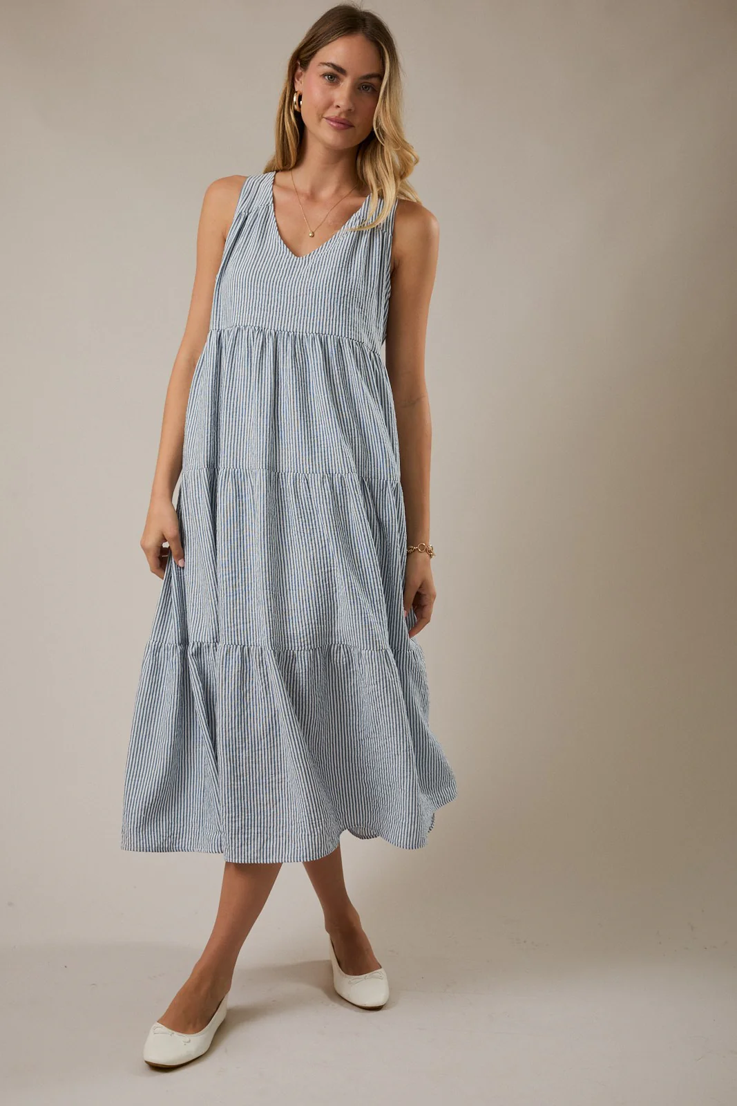 Blue Striped V-Neck Sleeveless Tiered Midi Dress - Image 2