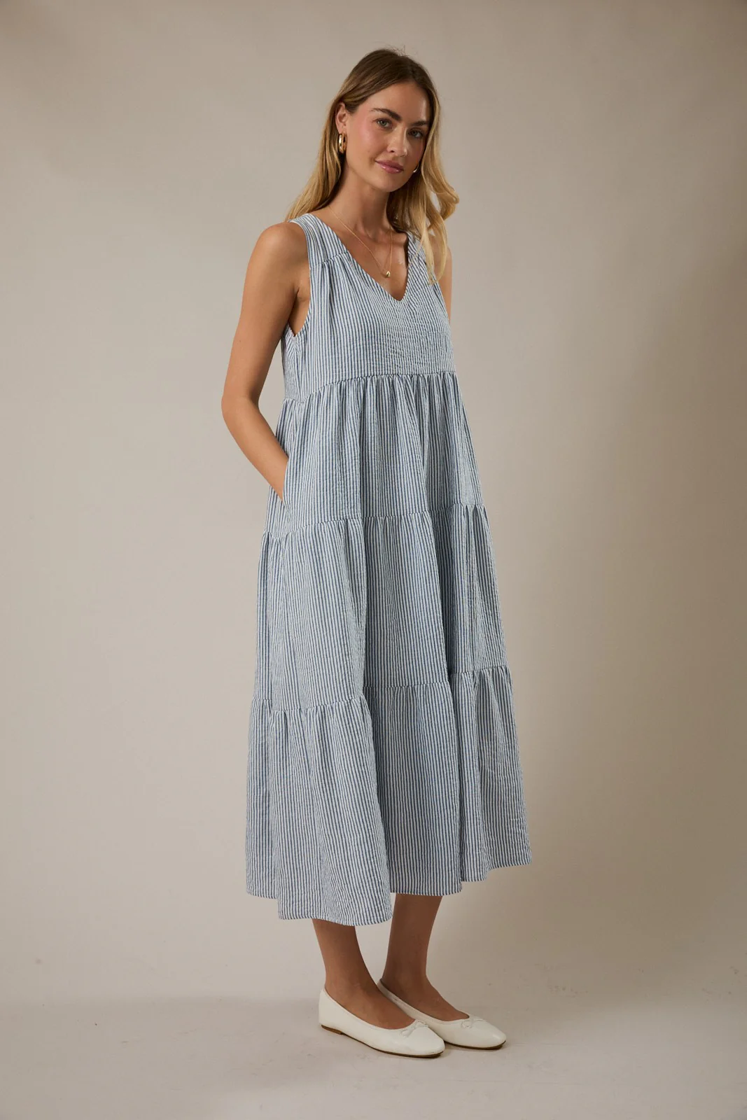 Blue Striped V-Neck Sleeveless Tiered Midi Dress - Image 3