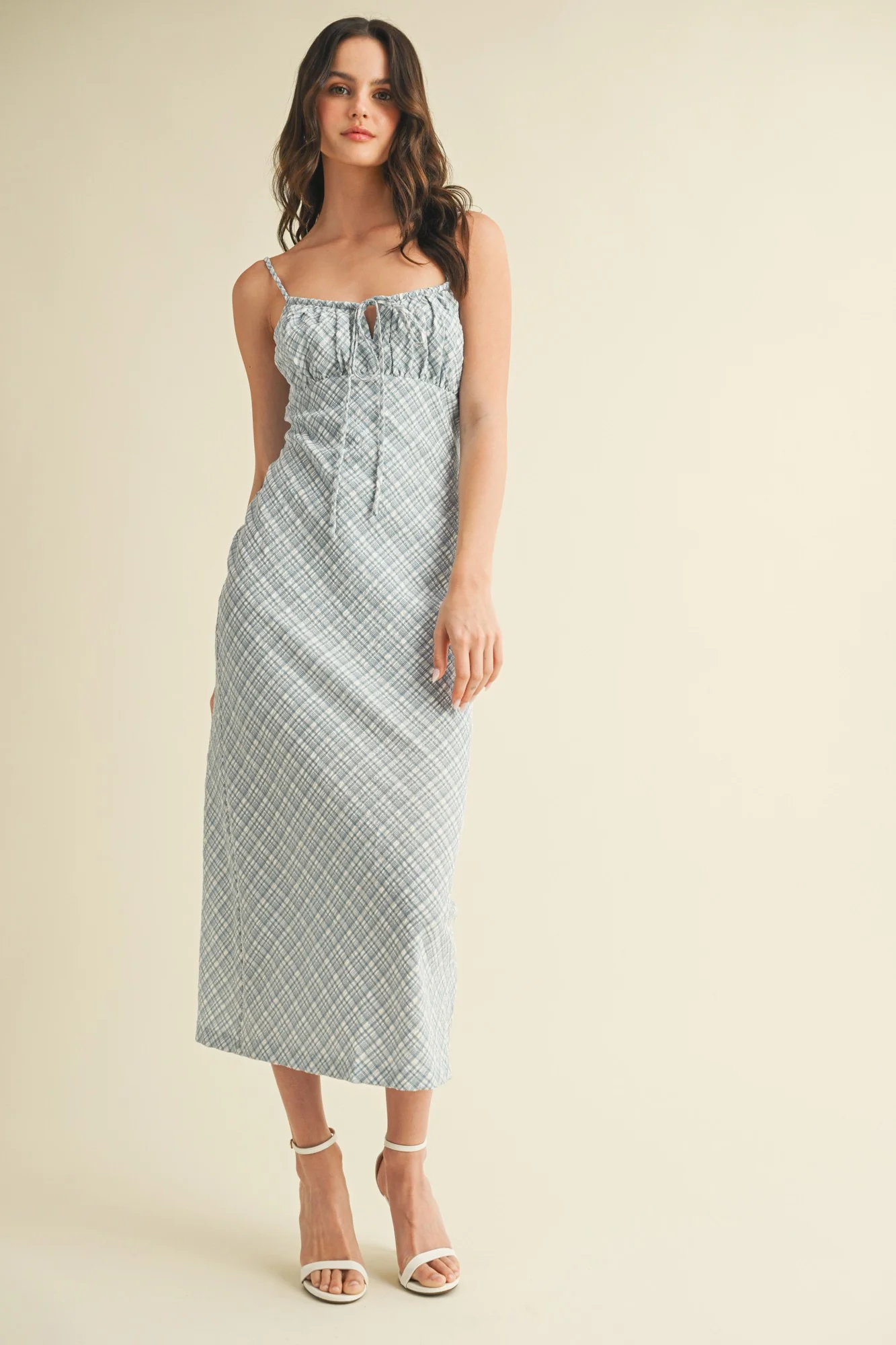 Blue Textured Plaid Drawstring Neck Maternity Midi Dress - Image 5