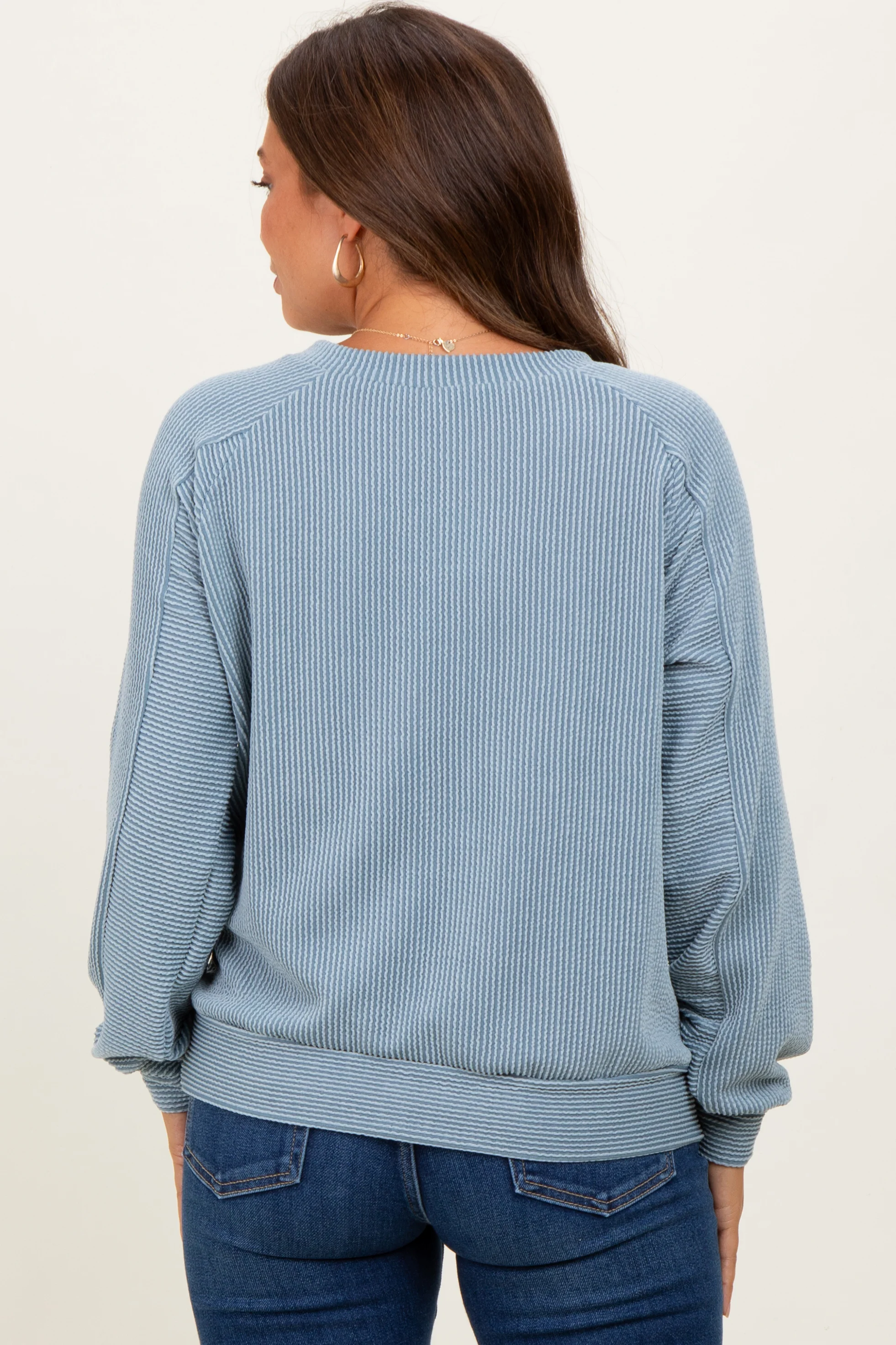 Blue Textured Rib Knit Maternity Pullover - Image 4