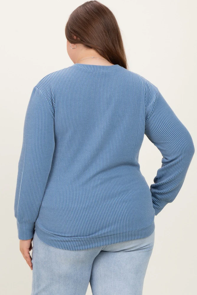 Blue Textured Ribbed Long Sleeve Maternity Plus Top - Image 3