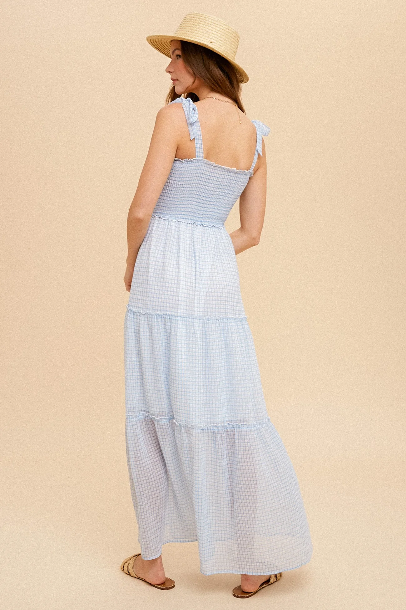 Blue Tie Shoulder Smock Tiered Check Chiffon Dress - Image 3