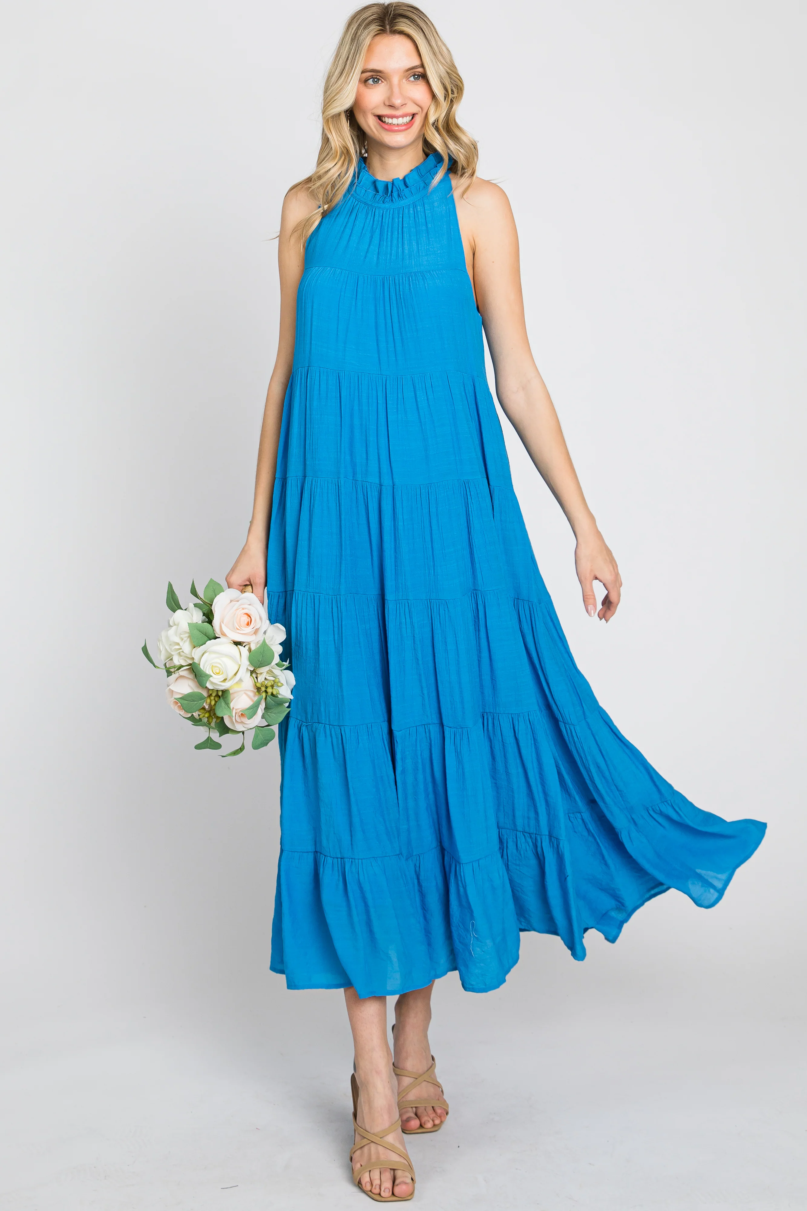 Blue Tiered High Neck Maternity Maxi Dress - Image 6