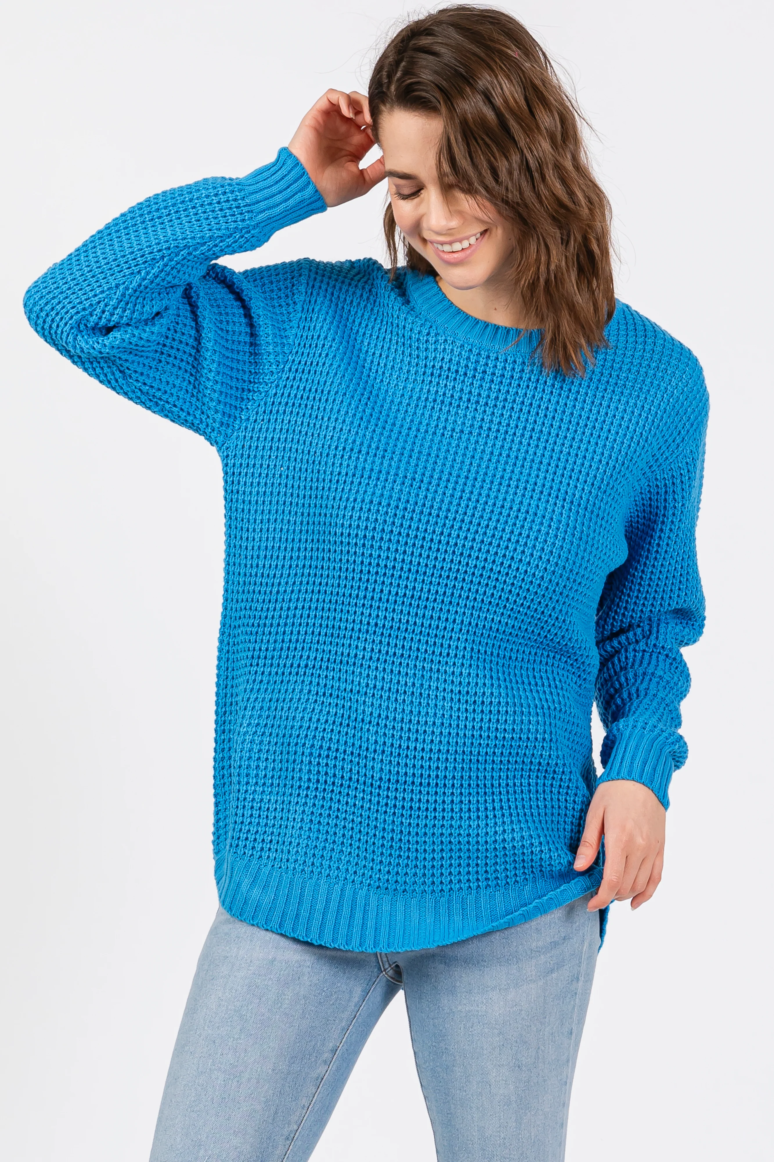 Blue Waffle Knit Round Hem Maternity Sweater - Image 4