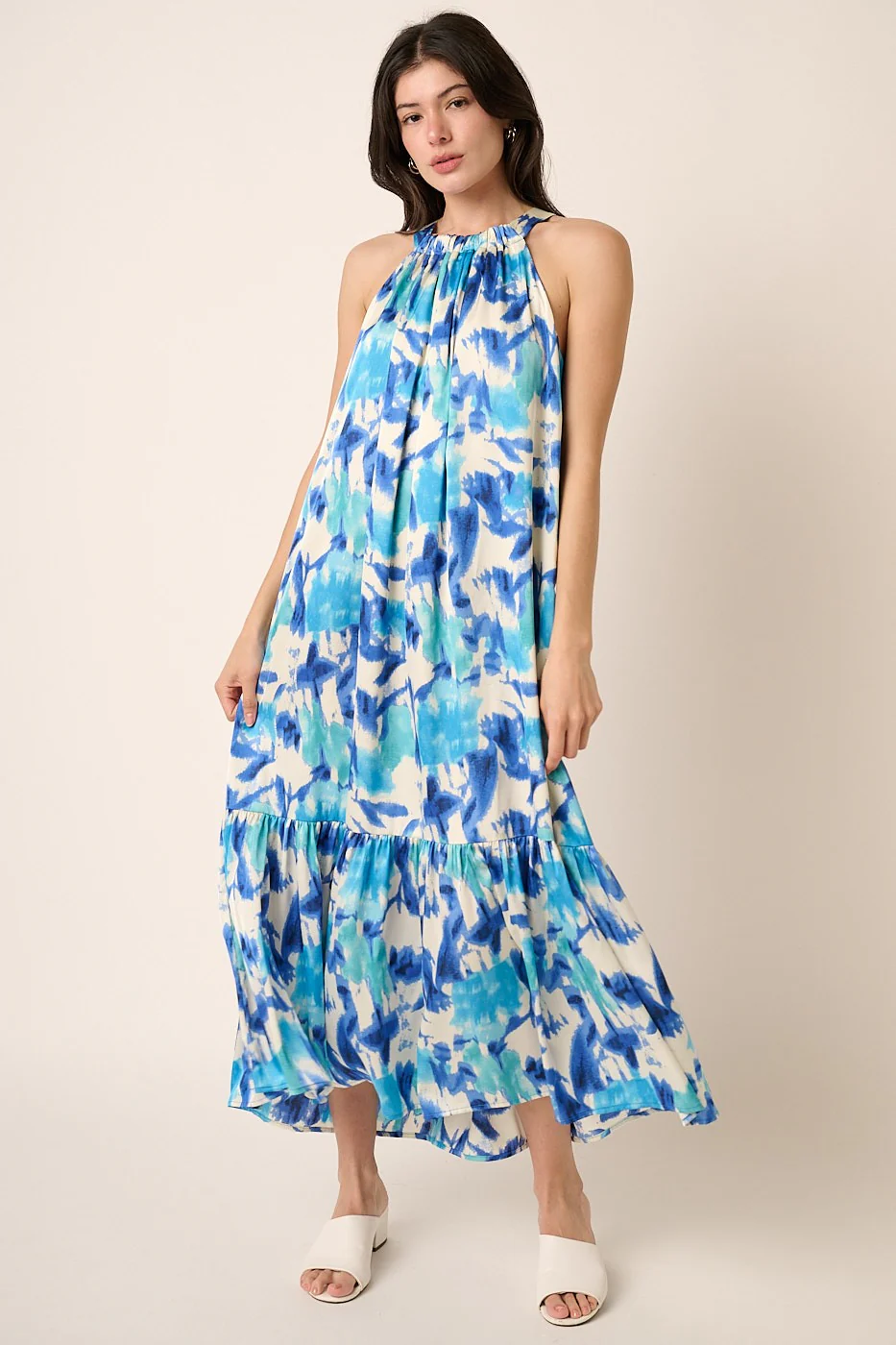 Blue Watercolor Print Satin Midi Dress - Image 3
