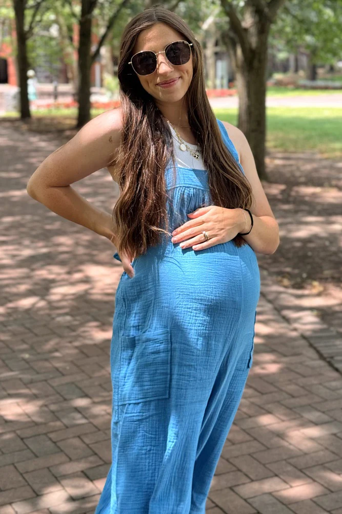 Blue Wide Leg Tie Back Maternity Overalls - Image 4