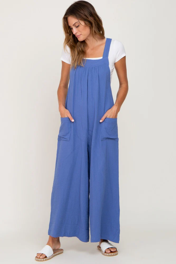 Blue Wide Leg Tie Back Maternity Overalls - Image 5