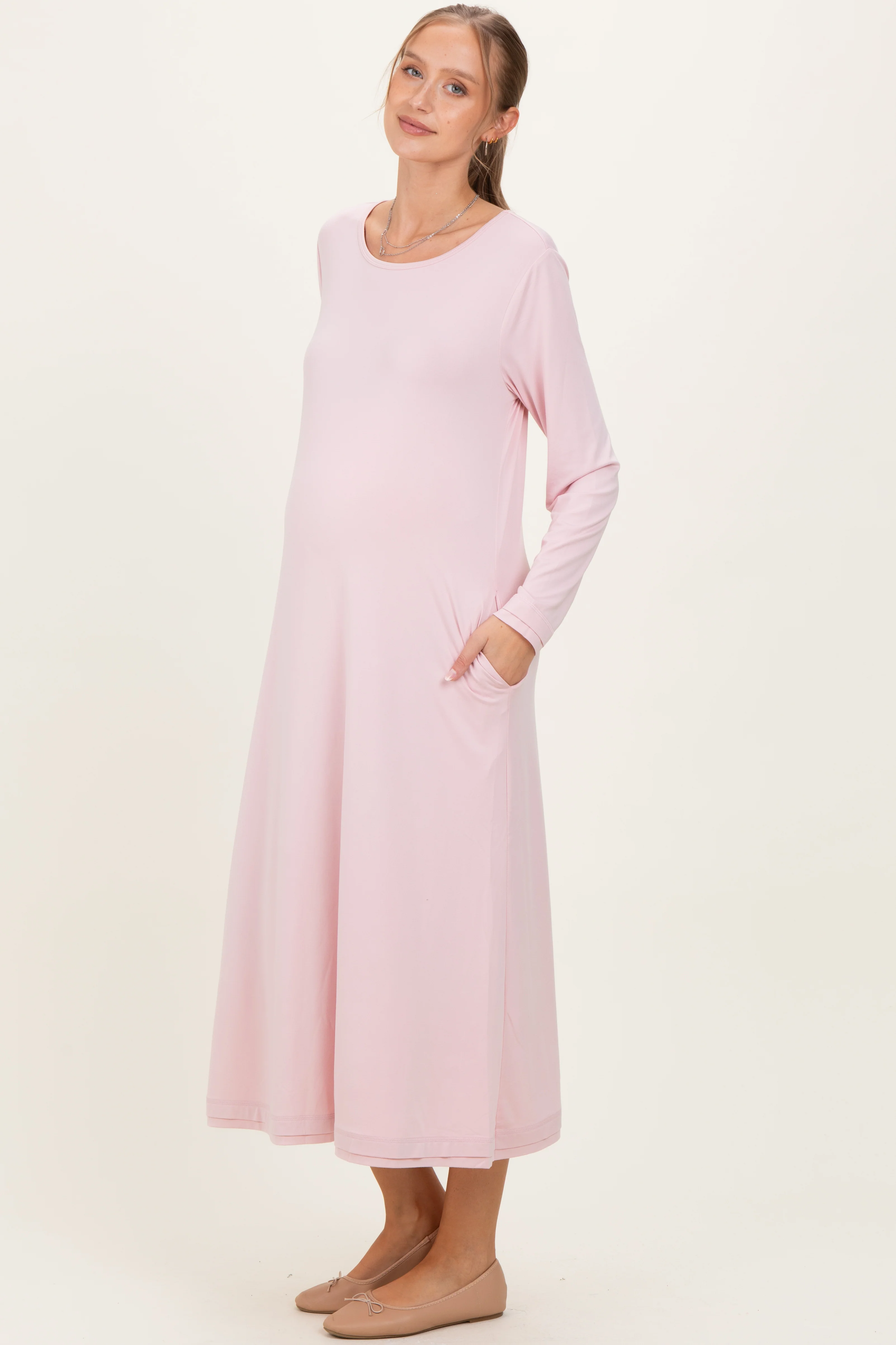 Blush Pink Relaxed Fit Long Sleeve Basic Maternity Dress - Image 3