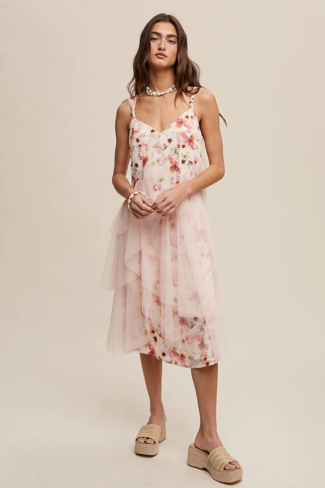 Blush Romantic Floral Print Midi Dress With Drapey Mesh - Image 2