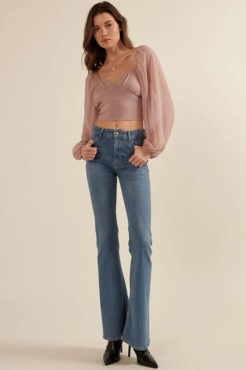 Blush Solid Sweetheart Neck Puff Sleeve Open Back Blouse - Image 4