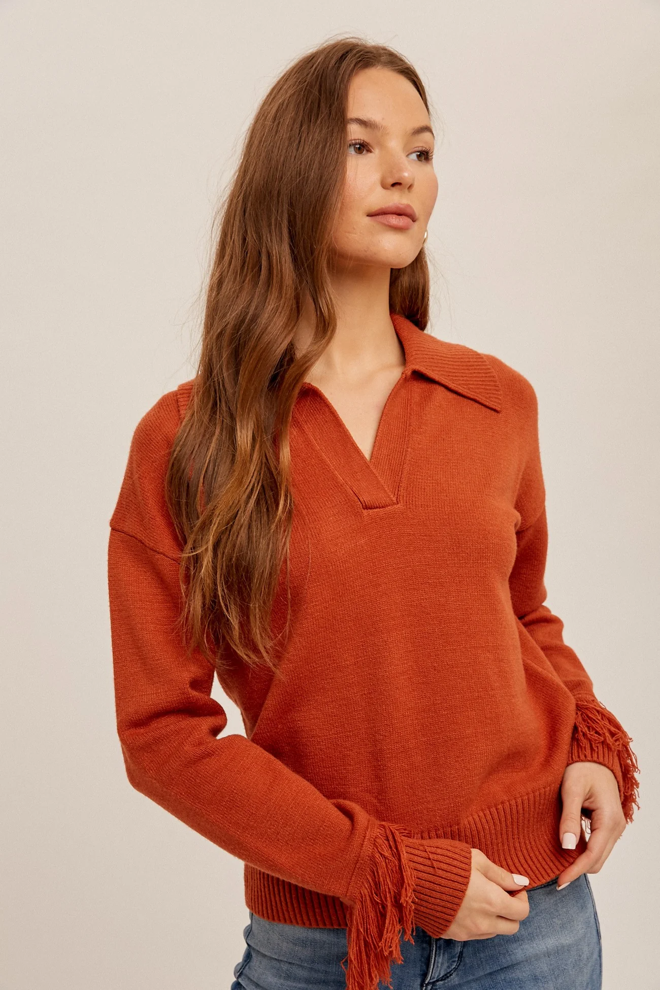Brick Fringe Detail V Neck Collared Sweater - Image 2