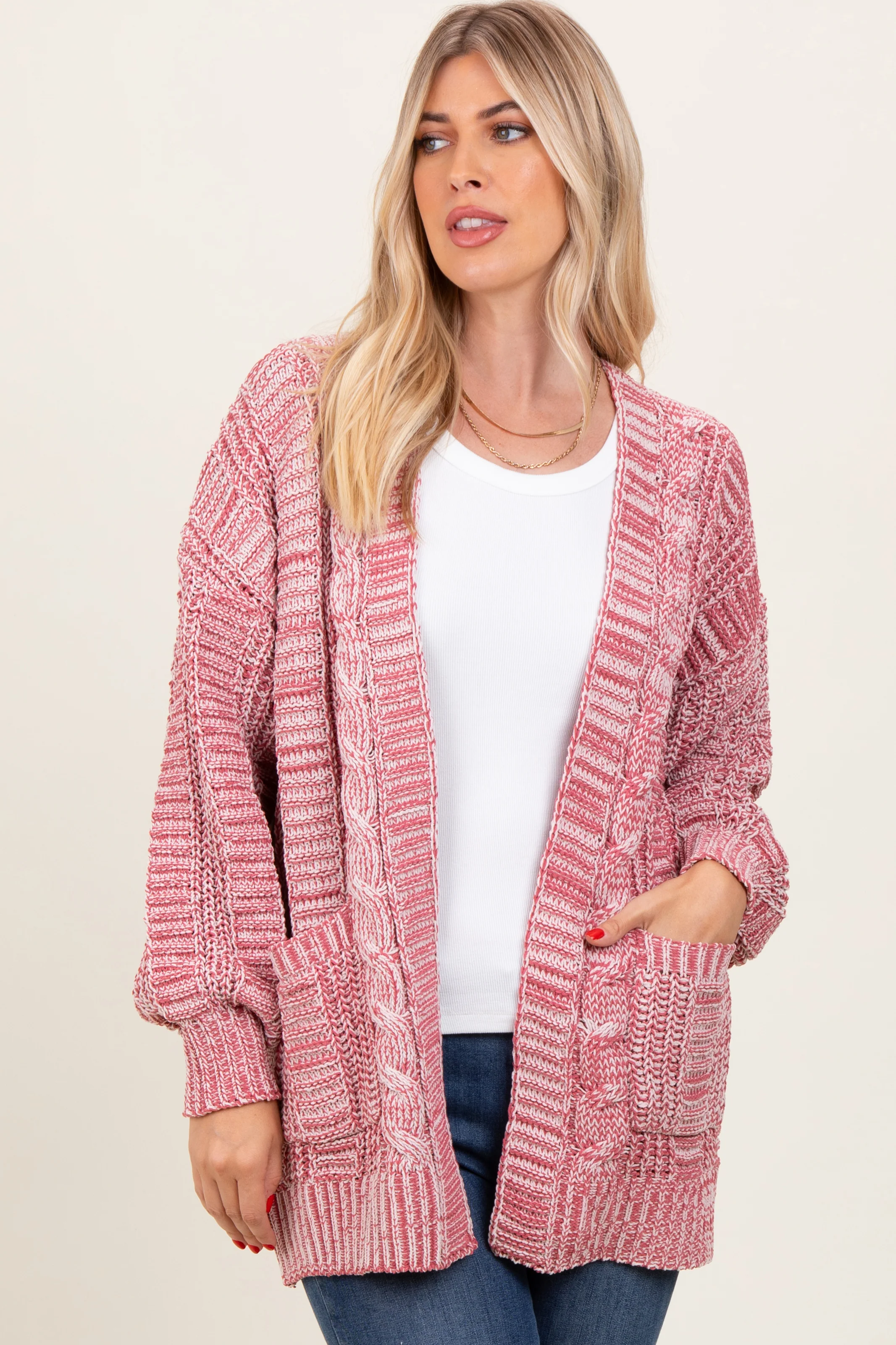 Brick Two Toned Oversized Cable Knit Cardigan - Image 4