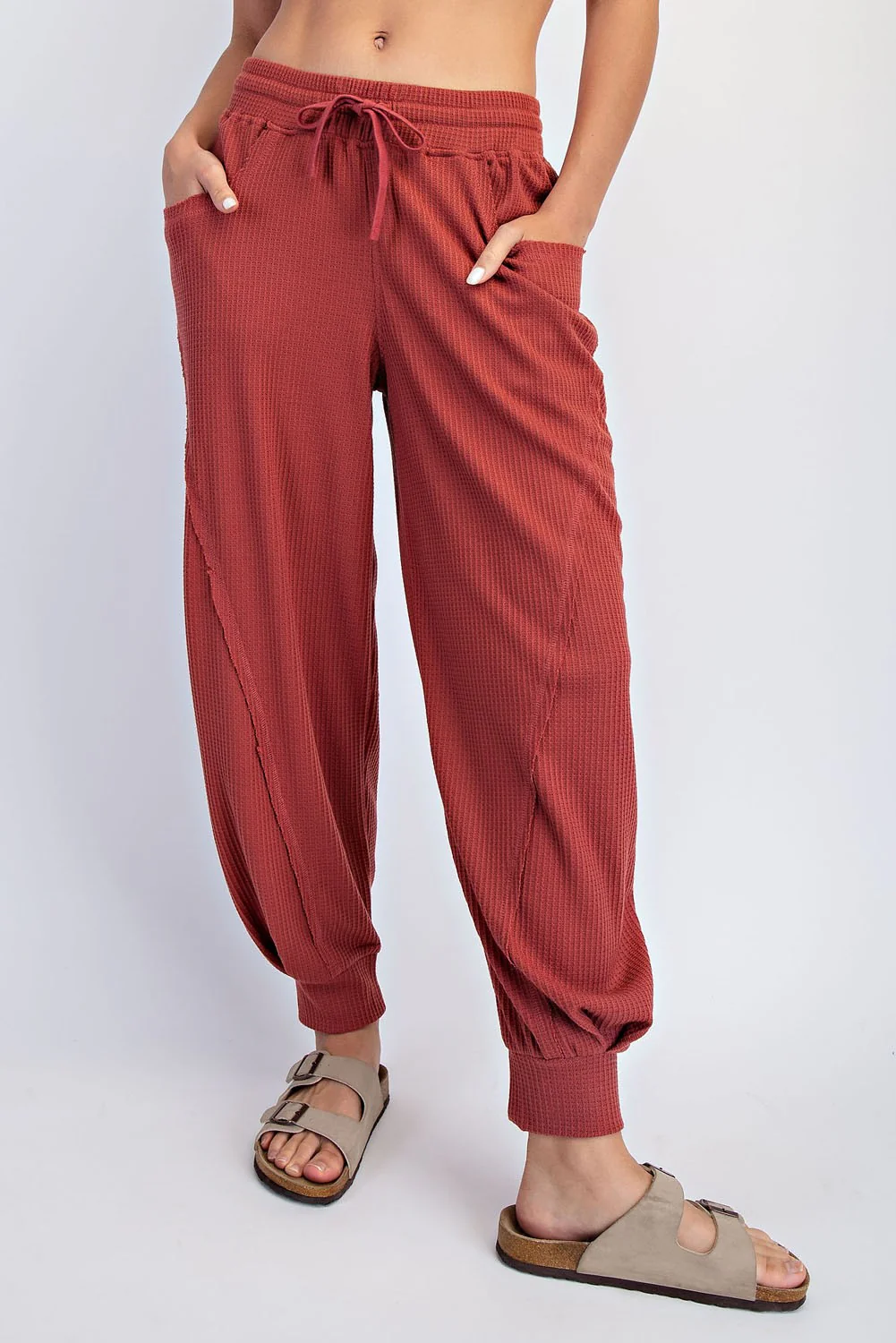 Brick Waffle Knit Raw Seam Maternity Joggers - Image 5