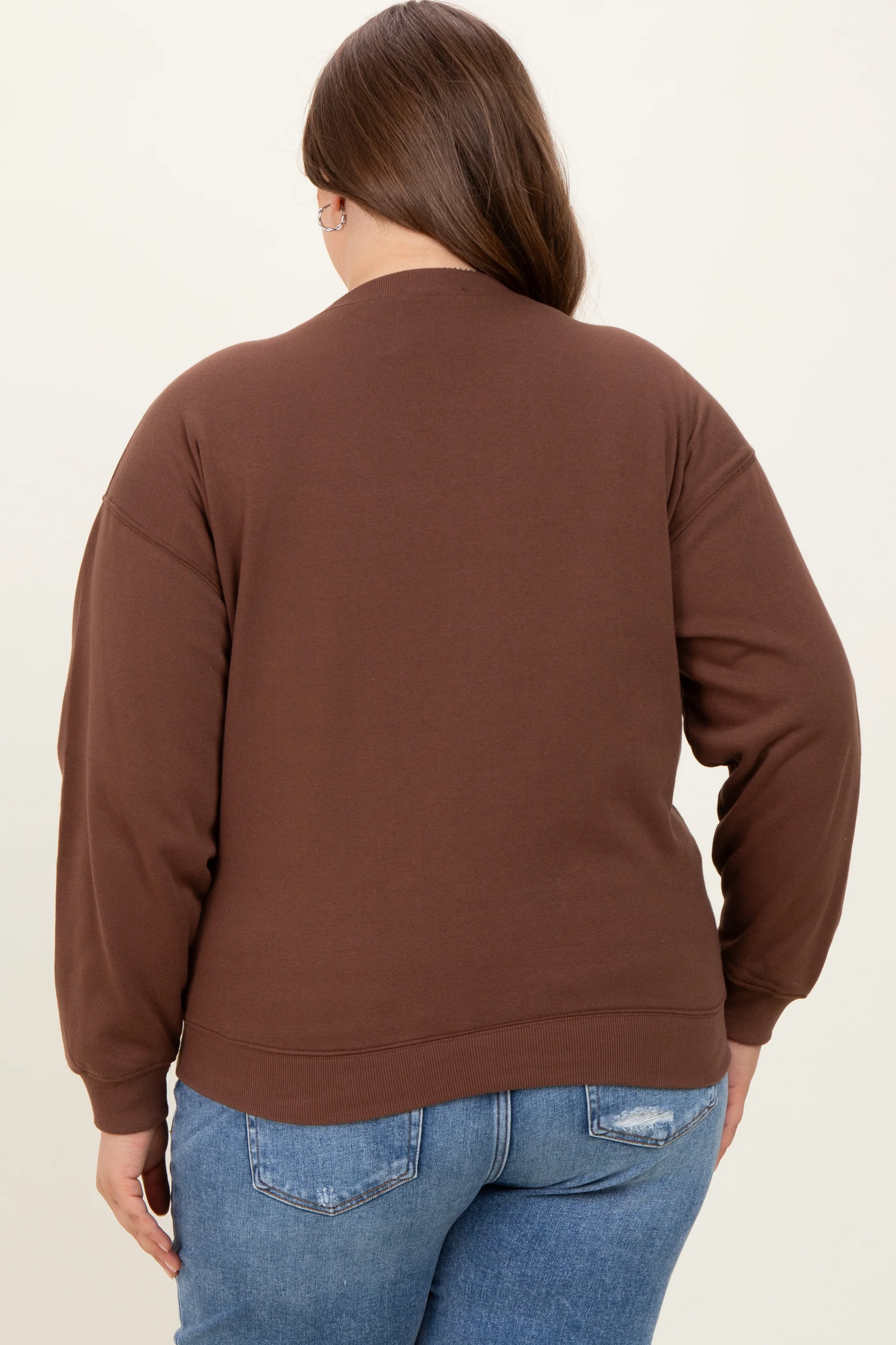 Brown Basic Fleece Crewneck Maternity Sweatshirt - Image 4