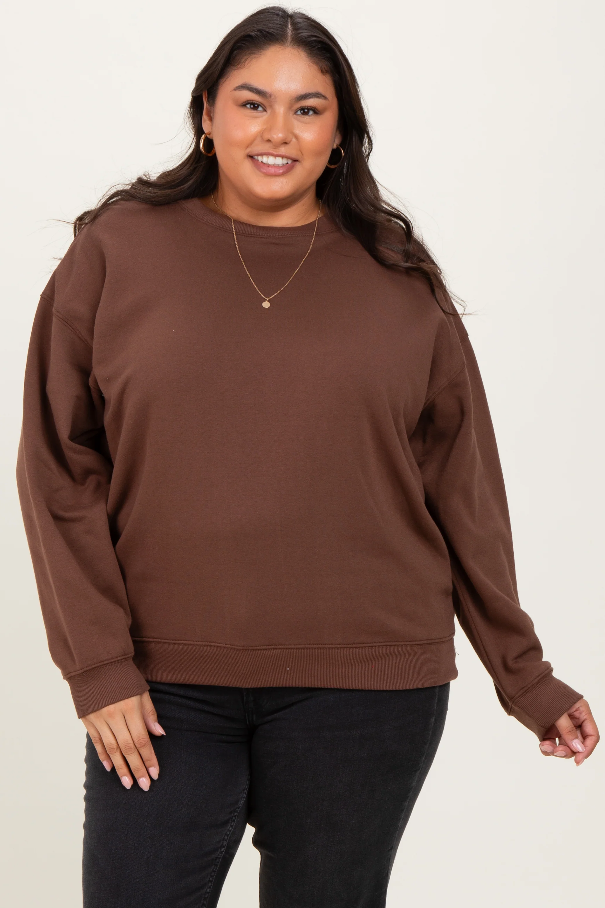 Brown Basic Fleece Crewneck Maternity Sweatshirt - Image 5